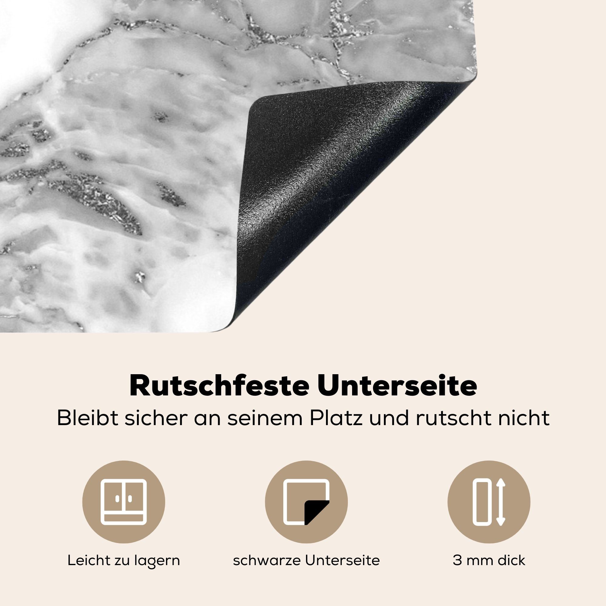 MuchoWow Herdblende-/Abdeckplatte Marmor - Grau die Induktionskochfeld Weiß 81x52 küche, - tlg), - (1 Strukturiert, Vinyl, für cm, Ceranfeldabdeckung Schutz