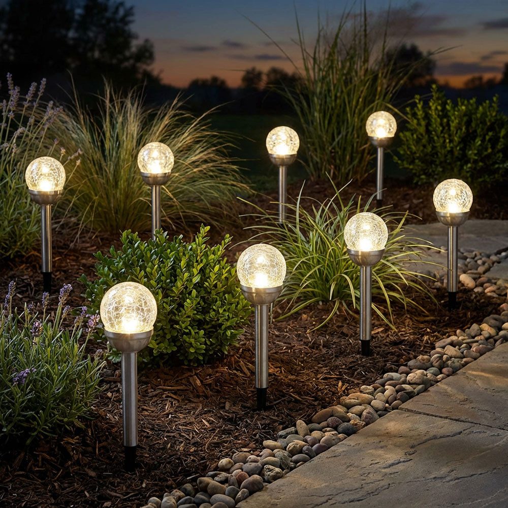 Expo Börse LED Solarleuchte, LED-Leuchtmittel fest verbaut, LED Solarleuchte Gartenlampe Erdspieß Glaskugel H 34,5 cm 8er Set