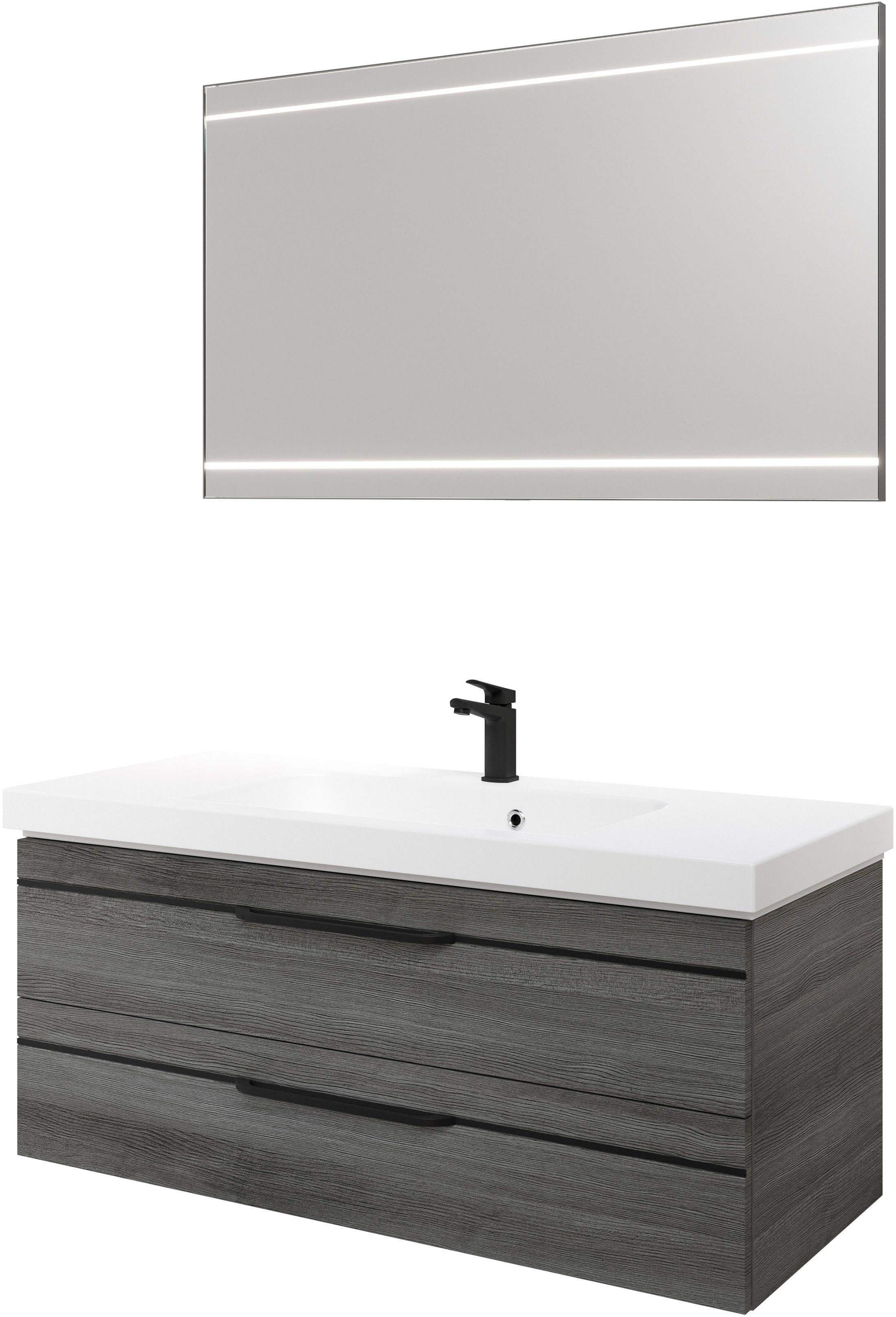 Saphir Badmöbel-Set Balto 2-teilig Mineralmarmor-Waschtisch mit LED-Spiegel, 123 cm breit, (2-St), Waschplatz mit 2 Schubladen, Badschrank inkl. Schubladendämpfer