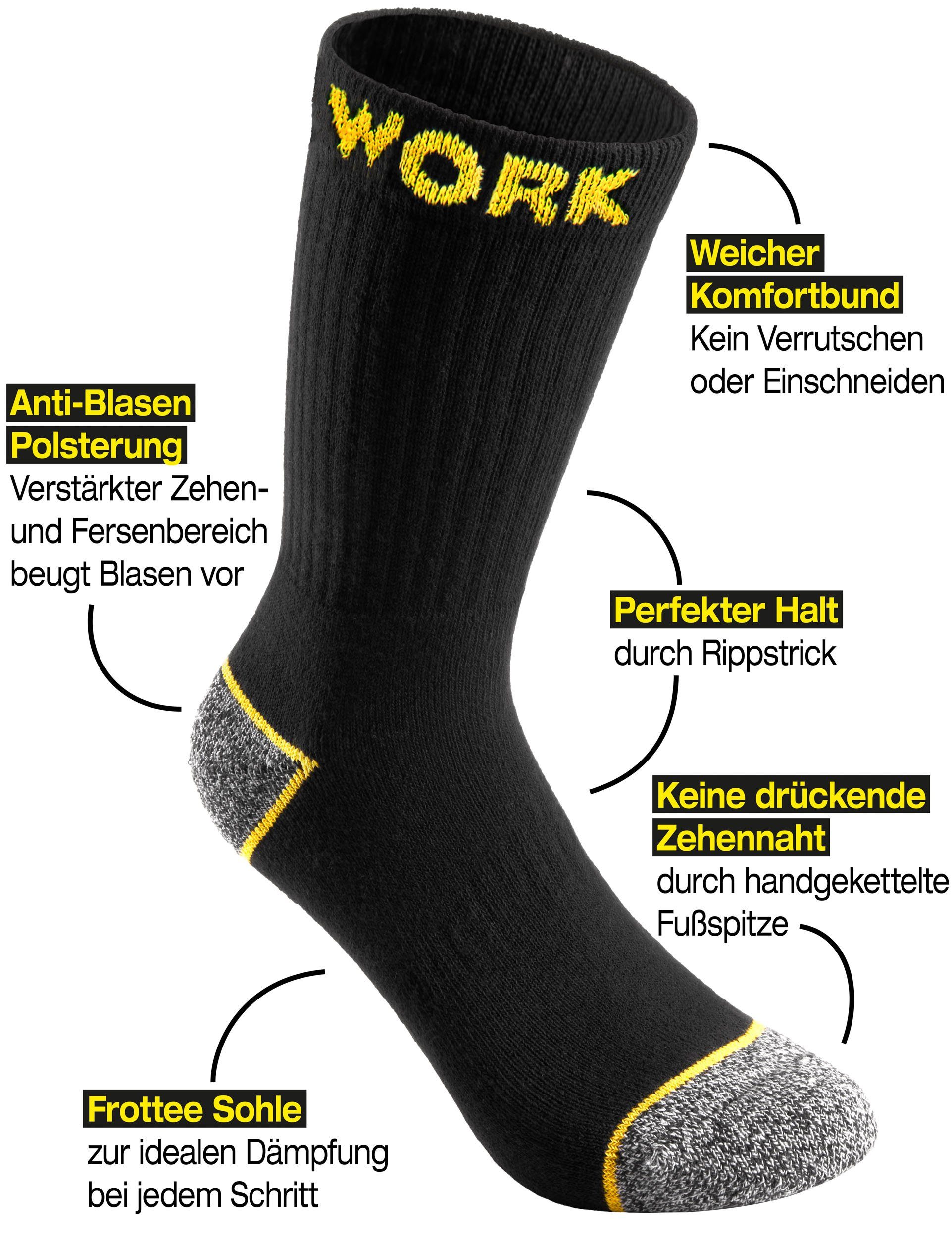 BRUBAKER Arbeitssocken für Herren - Work Socken für Sicherheitsschuhe (Schwarz, Gelb, Grau Meliert, 10-Paar, Set) Robuste Funktionssocken aus atmungsaktiver Baumwolle gegen Schweißfüße