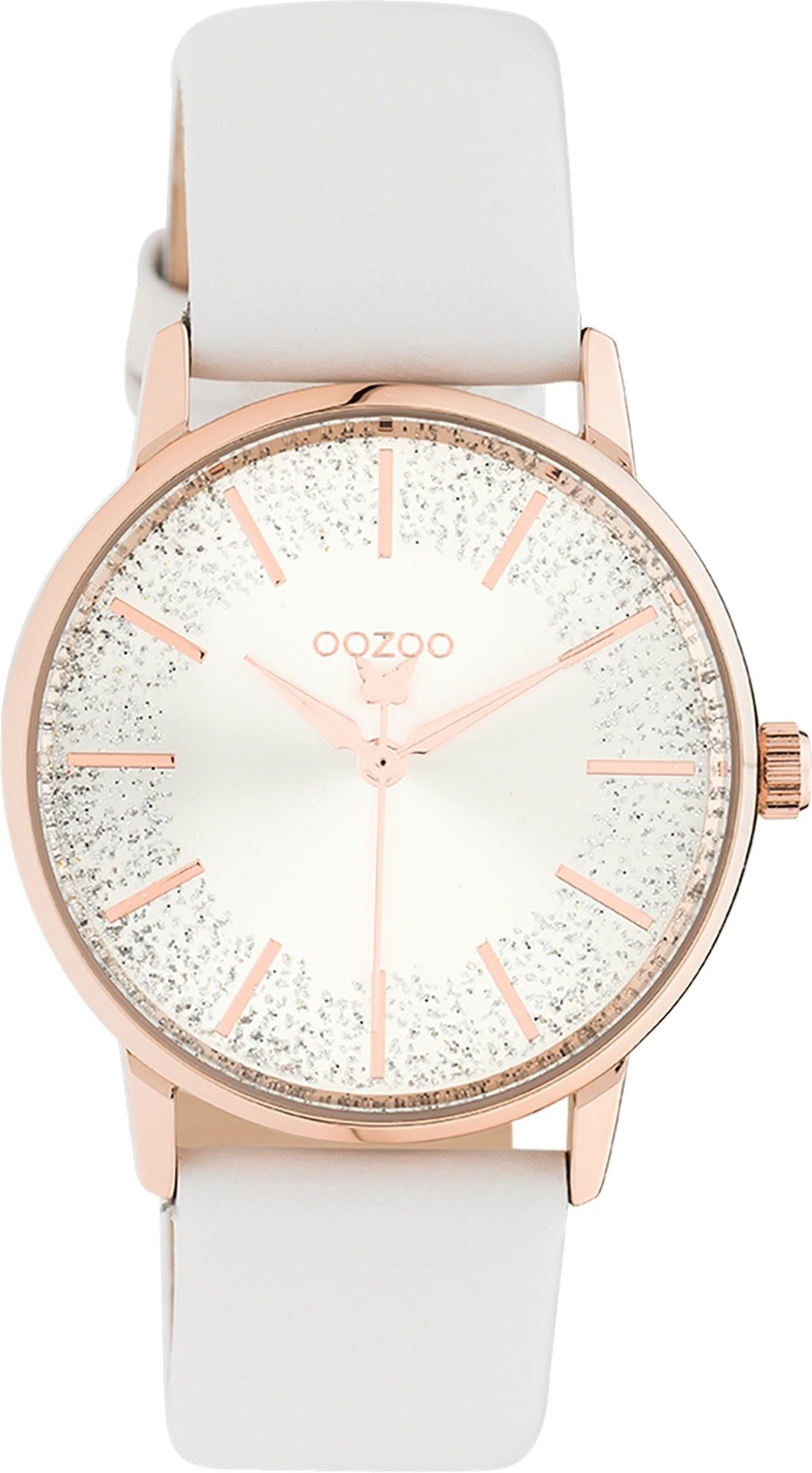 OOZOO Quarzuhr Oozoo Damen Armbanduhr weiß Analog, Damenuhr rund, mittel (ca. 35mm) Lederarmband, Fashion-Style
