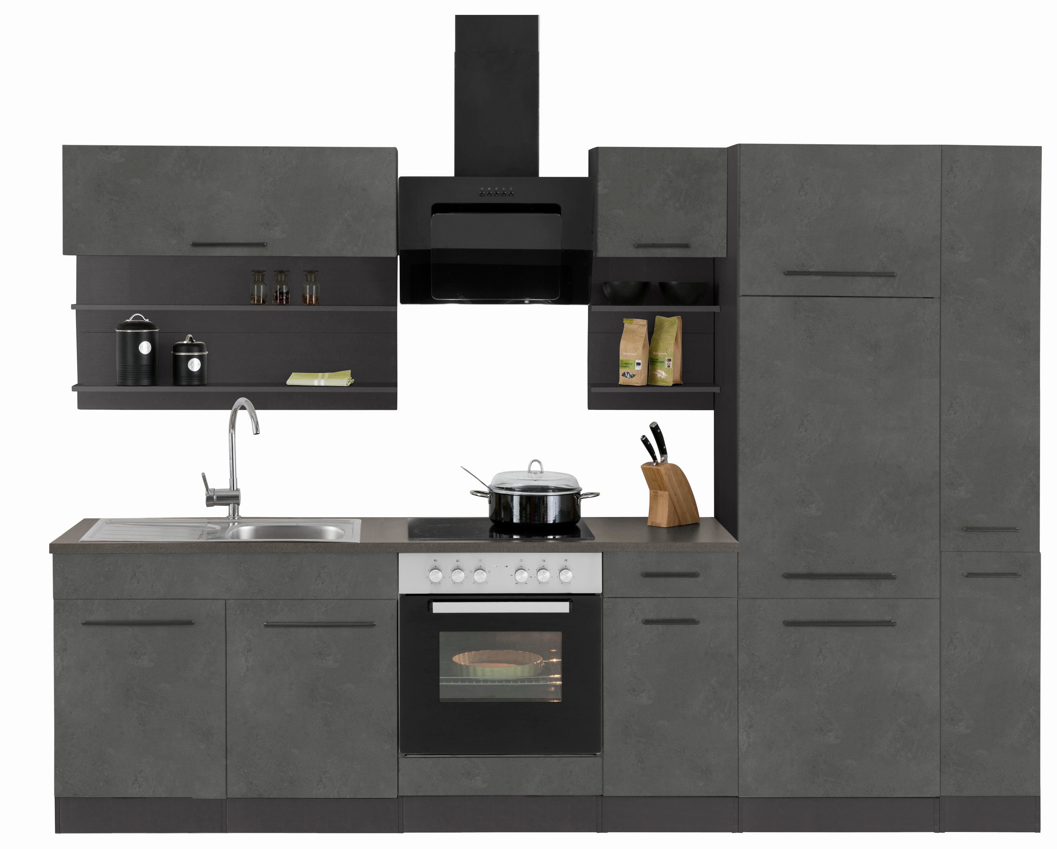 KOCHSTATION Küchenzeile KS-Tulsa, ohne E-Geräte, Breite 300 cm, schwarze Metallgriffe, MDF Fronten
