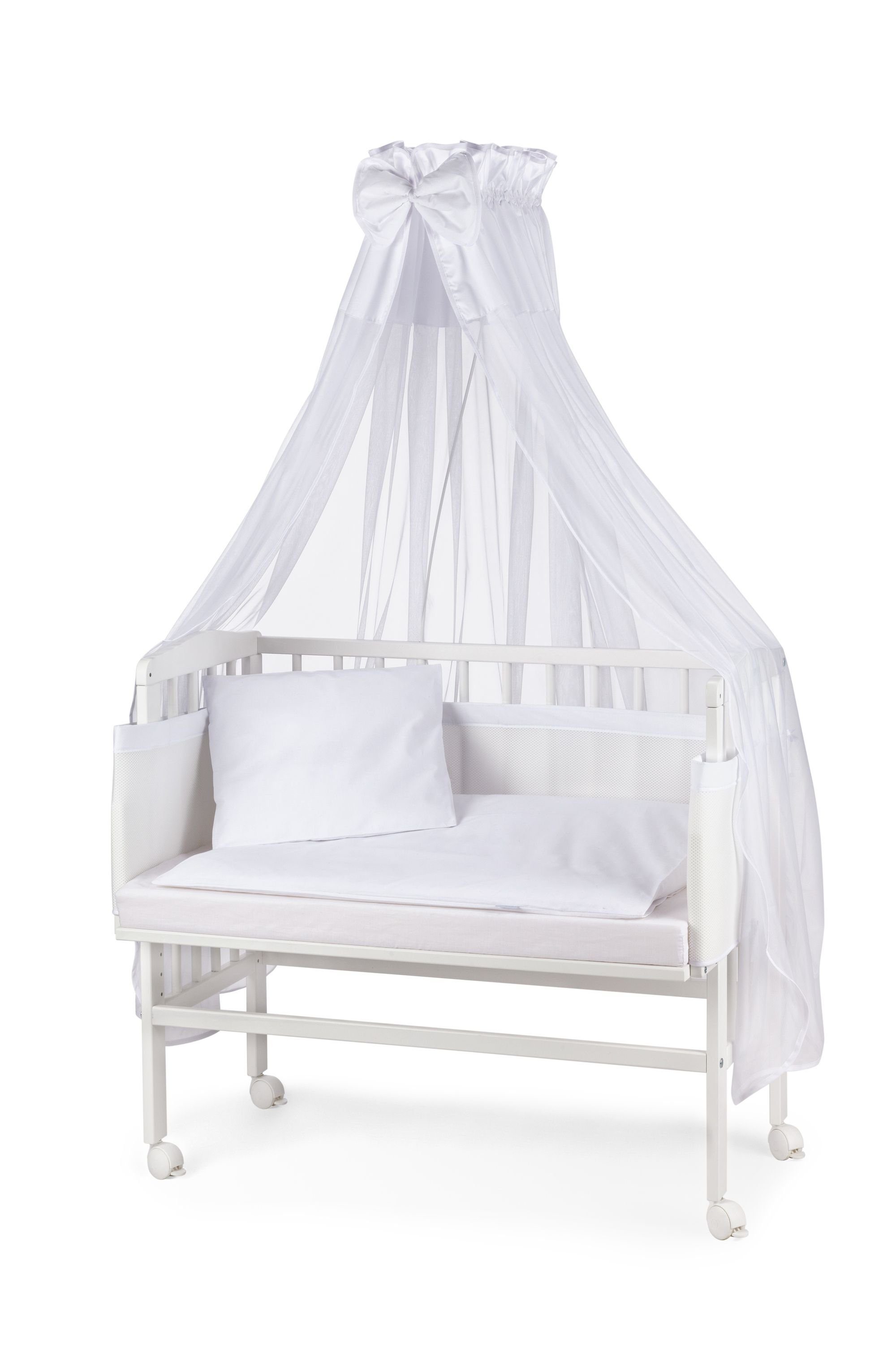 Waldin Beistellbett Baby Beistellbett, Matratze, Stoffset, Buche massiv, verstellbar