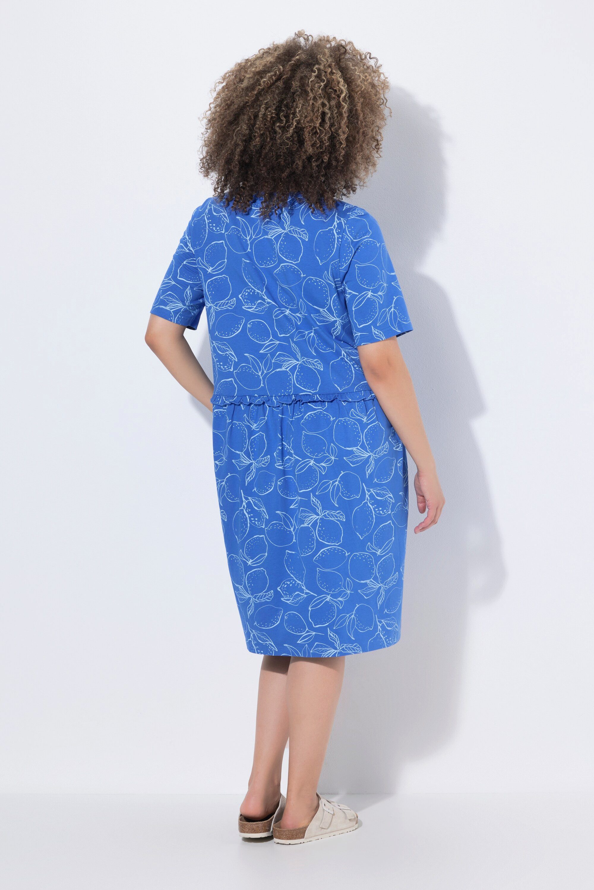 Ulla Popken Midikleid Jerseykleid Zitronen Rüschen V-Ausschnitt Halbarm – Bild 3 von 4