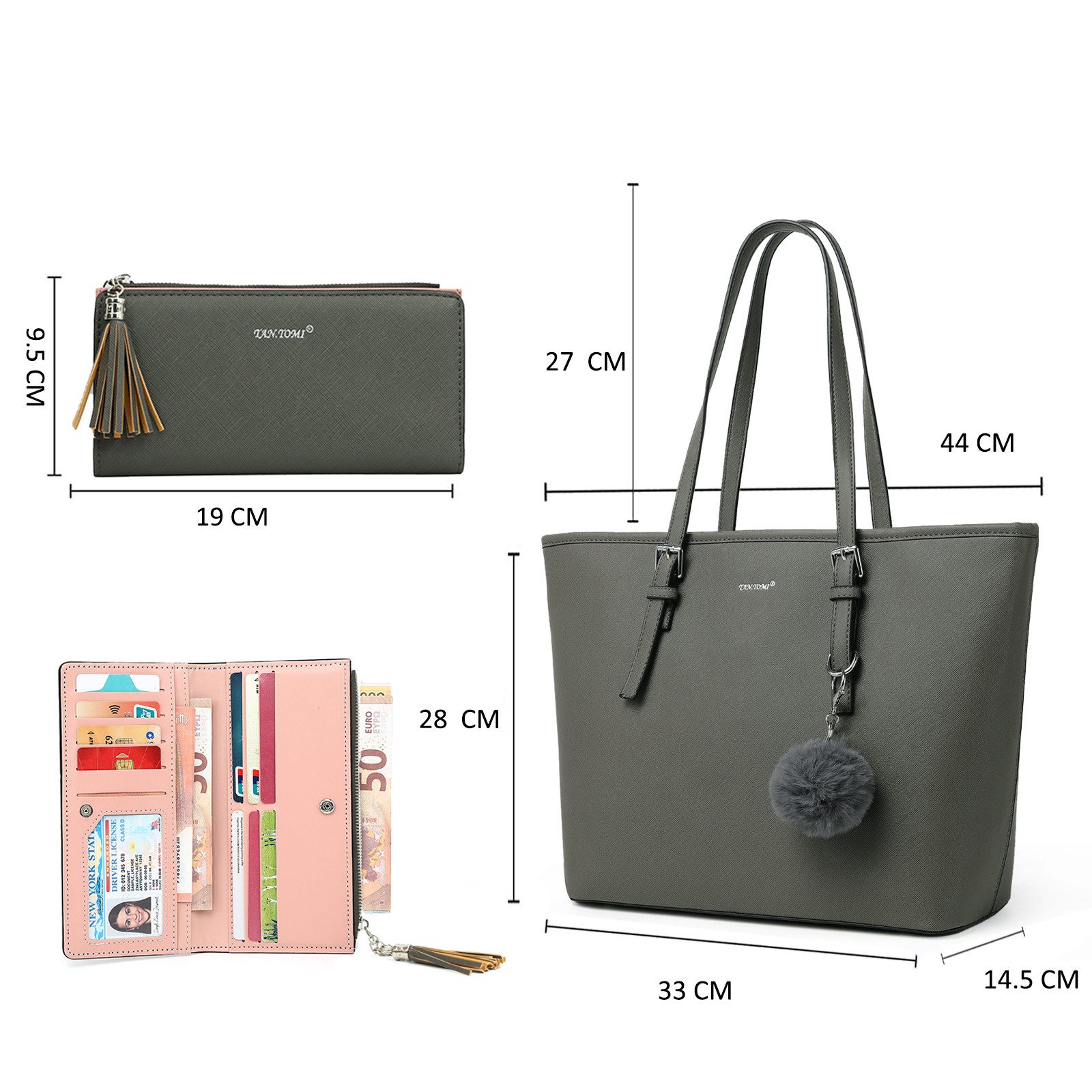 TAN.TOMI Shopper Handtasche Damen mit Geldbörse und Schlüsselanhänger, Groß Damen Handtasche, ​Geschenke für Frauen in schlichter Optik