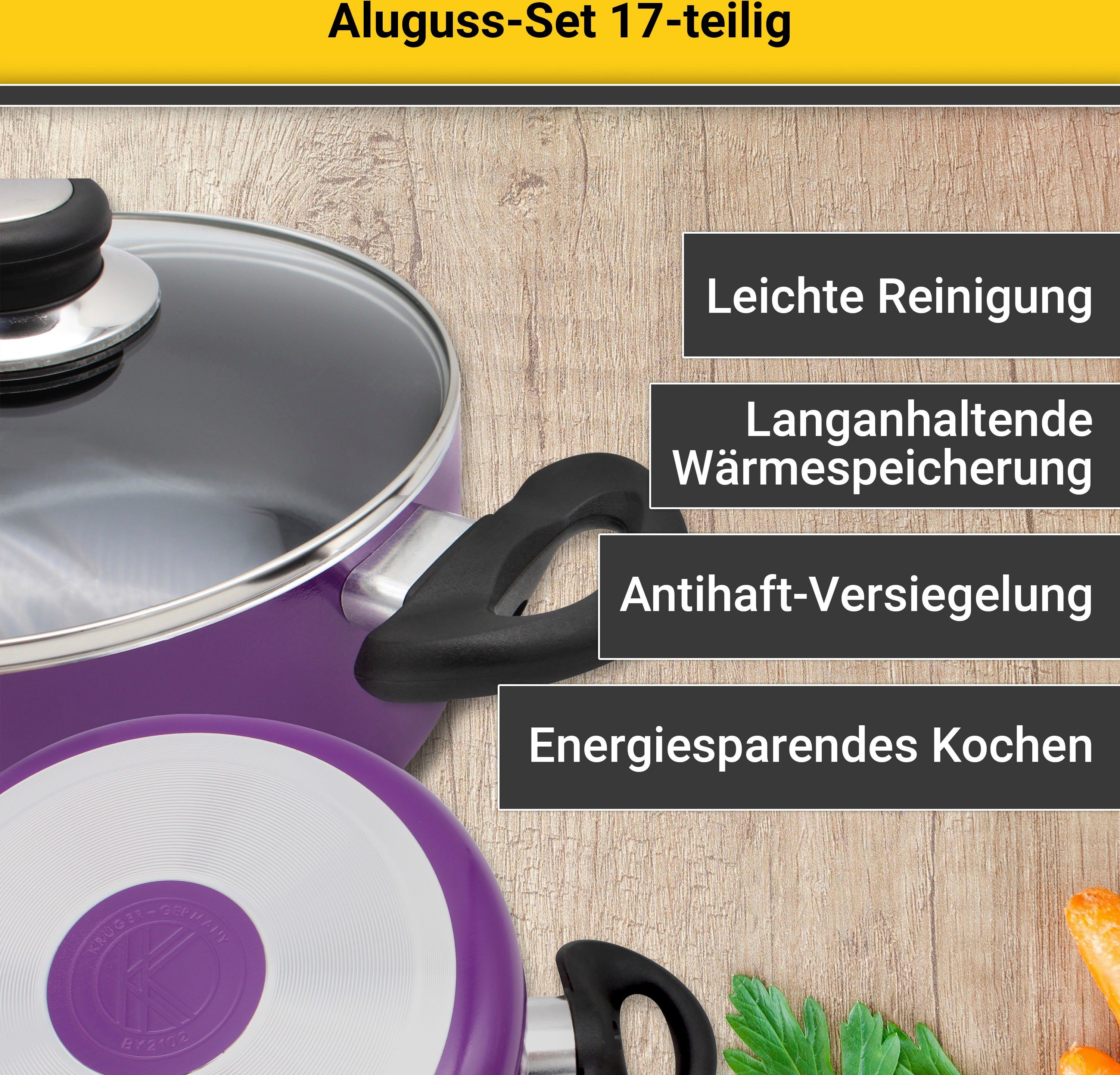 Krüger Topf-Set Aluguss Topf- und Pfannenset inkl. praktischen Küchenhelfern, 17 tlg., Aluminiumguss (Set, 17-tlg., Fleischtopf 16/18/20/24cm, Stieltopf 16cm St – Bild 2 von 5
