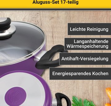 Krüger Topf-Set Aluguss Topf- und Pfannenset inkl. praktischen Küchenhelfern, 17 tlg., Aluminiumguss (Set, 17-tlg., Fleischtopf 16/18/20/24cm, Stieltopf 16cm Steakpfanne 7 T.Küchenhelfer), inkl. 7-tlg. Küchenhelfer-Set