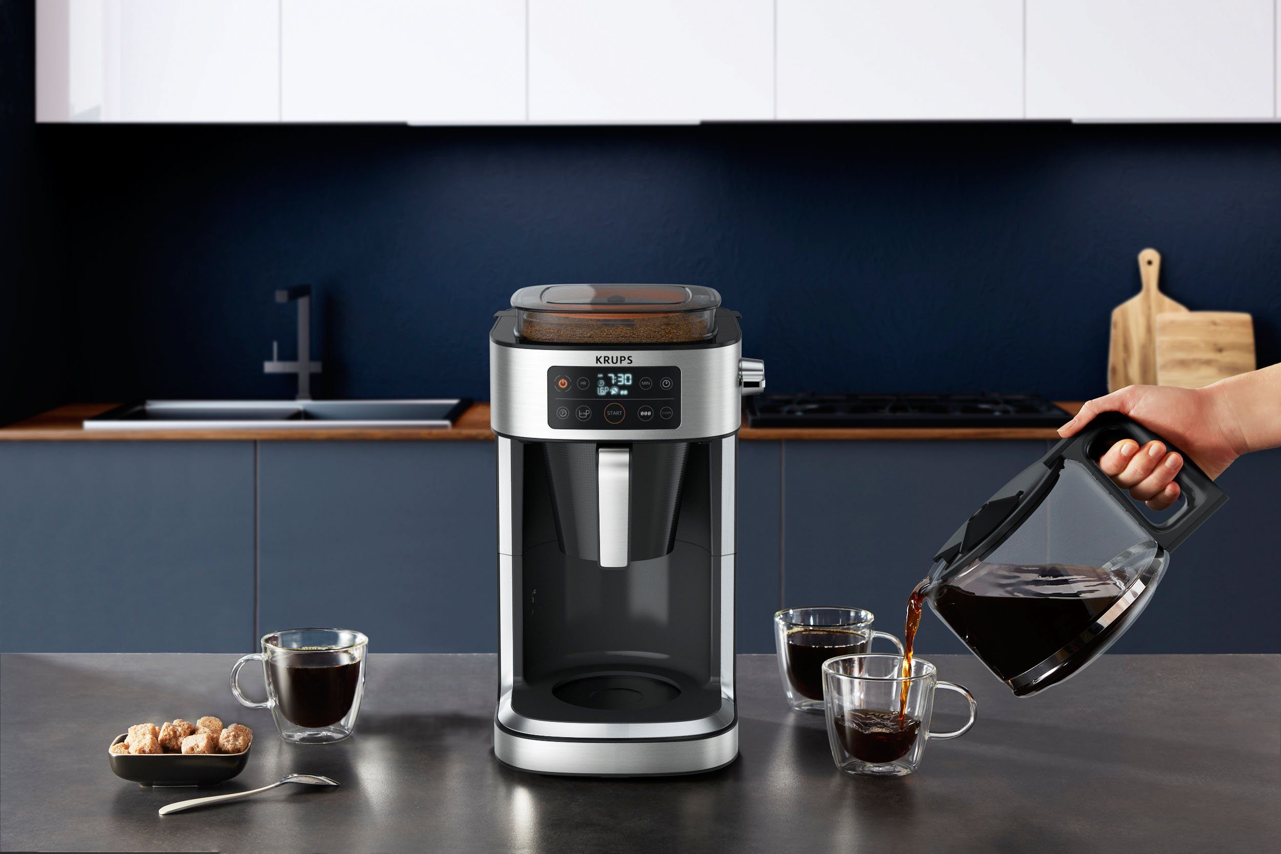 Krups Filterkaffeemaschine KM760D bis integrierte für Partner, frischen Kaffee-Vorratsbox Kaffee 1,25l Kaffeekanne, 400 zu Aroma g