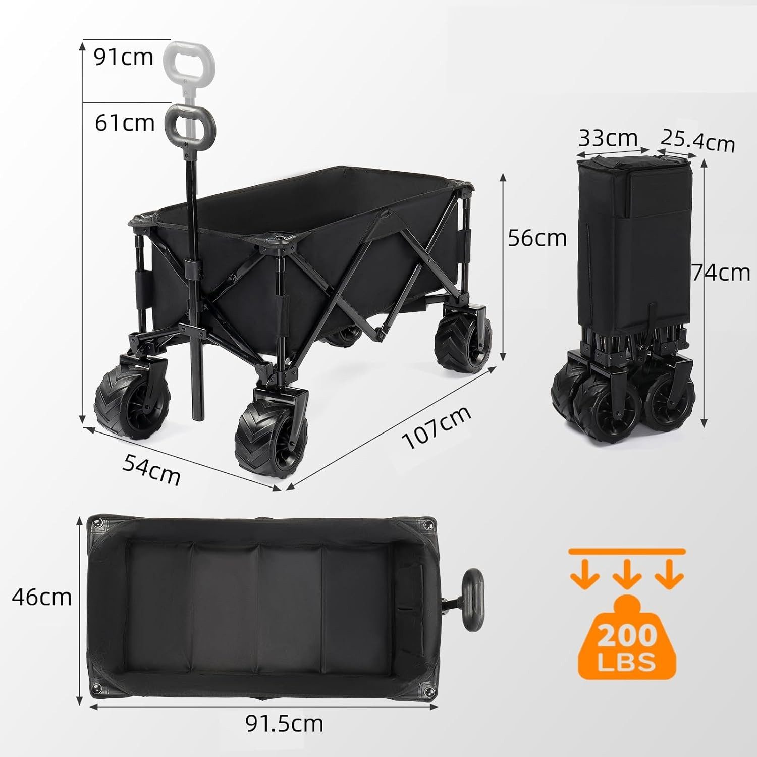 LALAHO Bollerwagen Faltbar, 18cm Extra Breite Reifen, bis zu 100 kg, Verstellbarem Griff, klappbar Transportwagen, 107x54x91 cm