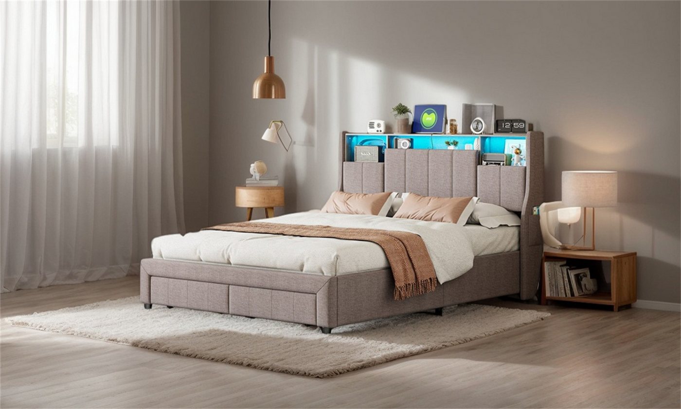 Furnishings Home Polsterbett Stauraumbett Doppelbett LED Samtstoff (1-tlg., Zwei USB + Zwei Steckdosen, Viel Stauraum), Multifunktionsbett,mit LED-Beleuchtung, Lattenrost, Leinen, 140x200 cm