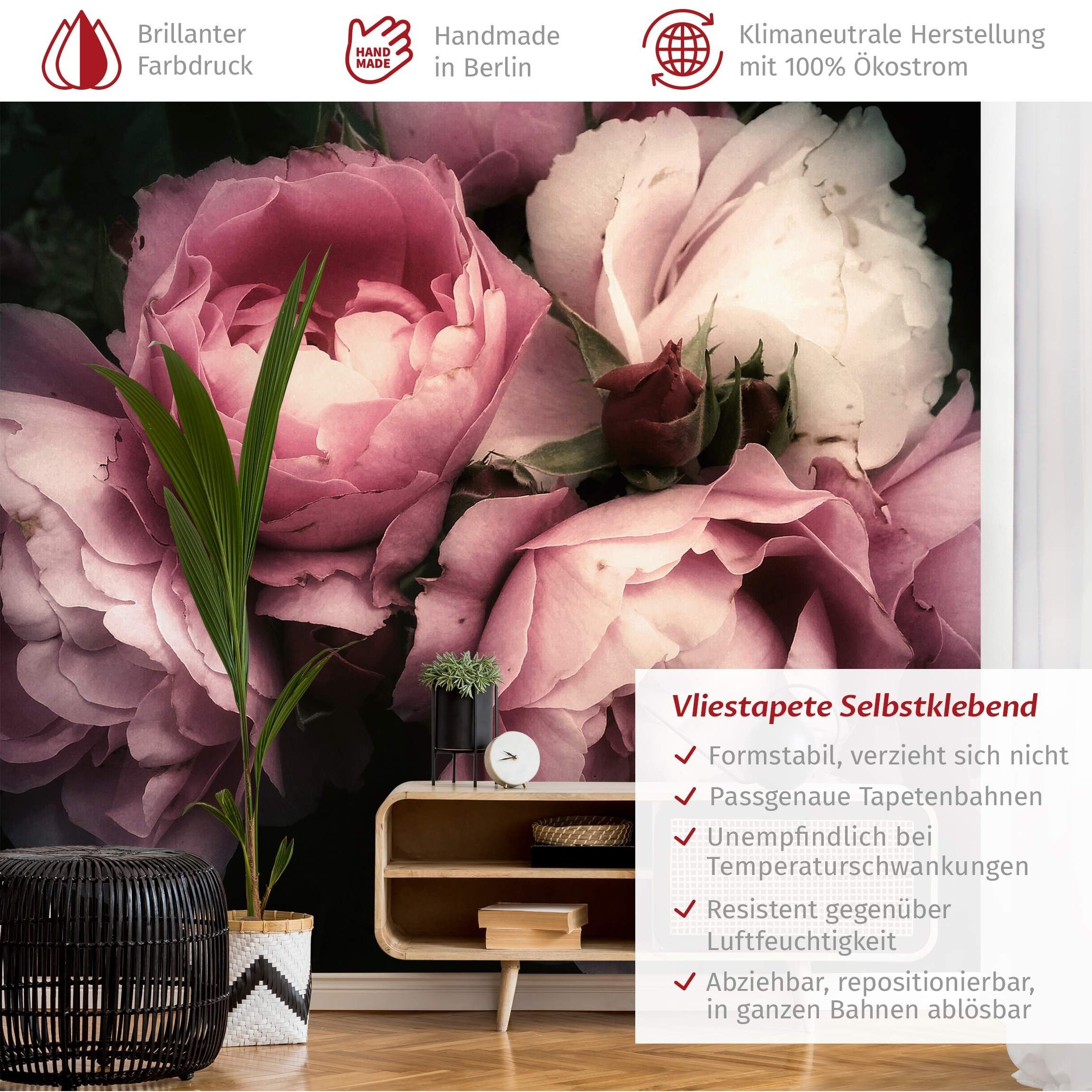 Bilderdepot24 Fototapete Rosen Pfingstrosen Schwarz Shabby günstig online kaufen