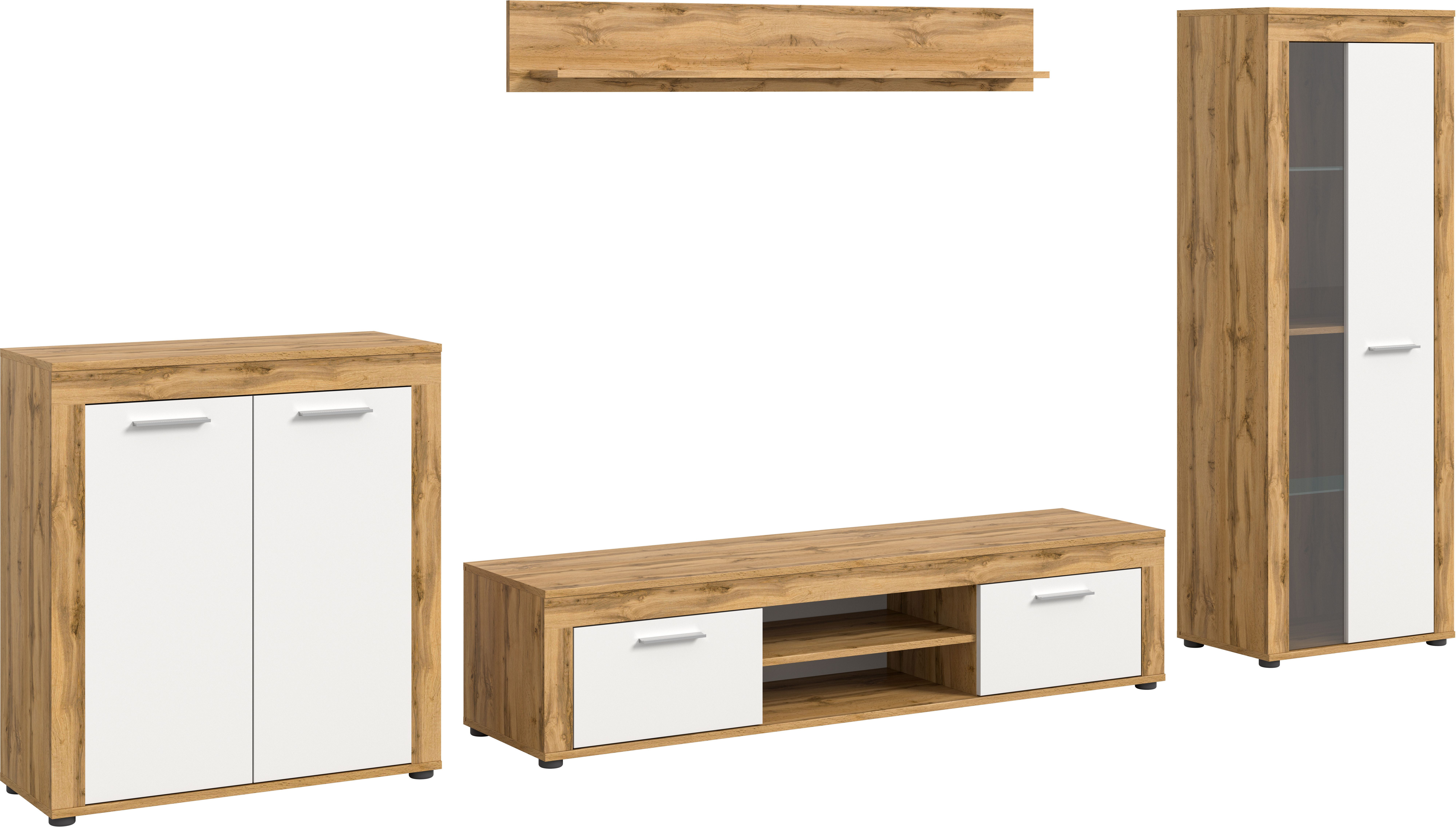 INOSIGN Wohnwand Aosta, Breite 330cm, best. aus Highboard, Lowboard, Wandboard, Vitrine, (4-St), Wohnwand, Kombination, Anbauwand, Möbel Set, Schrankwand, Möbel Kombi