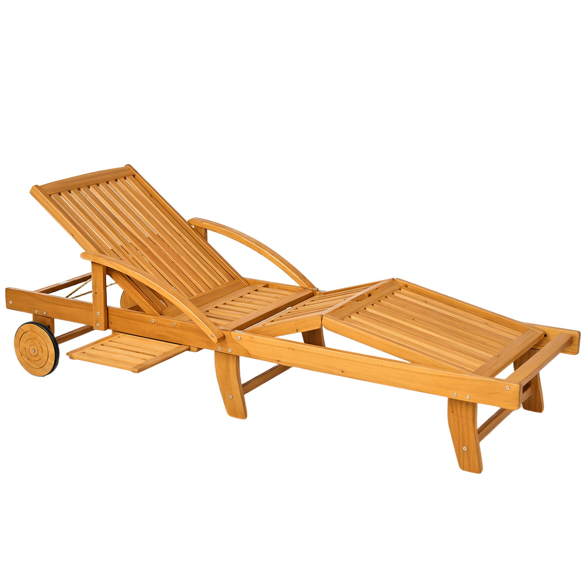 Outsunny Gartenliege mit Seitentisch, Rolle, 4-Fach verstellbare Rückenlehne, klappbar Liegestuhl, 1 St., Sonnenliege aus Holz, bis 160 kg belastbar, für Garten Strand, Teak