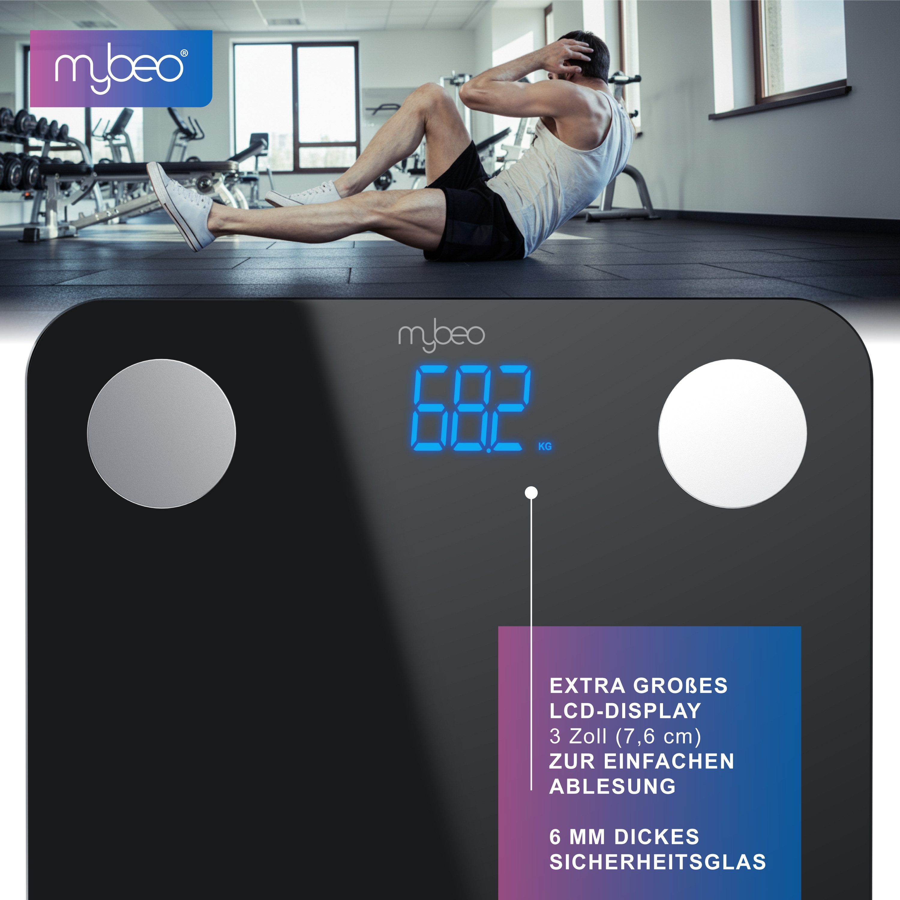 MyBeo Körper-Analyse-Waage Digitale Bluetooth Körperfettwaage, Diagnosewaage mit App-Steuerung, 1-tlg., Multifunktionswaage, BMI, Körperfett, Wasser & Muskelanteil, 5-180 kg