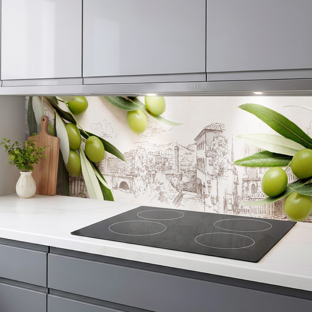 Rodnik Küchenrückwand Grüne Oliven, monolithische ABS-Platte mit Direktdruck, formstabil und langlebig