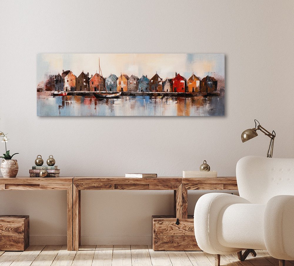 ArtUniverse Gemälde Lakeside Living 50x150 cm, Siedlung am Meer