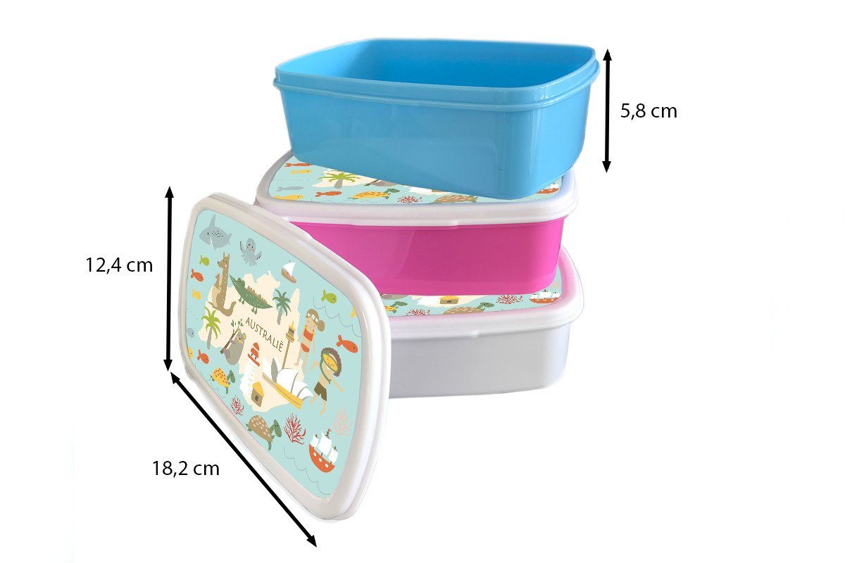 (2-tlg), Weltkarte und MuchoWow für Jungs Kinder Kinder Australien Farben, Mädchen Erwachsene, für - Kunststoff, Brotdose, und - Brotbox Lunchbox weiß