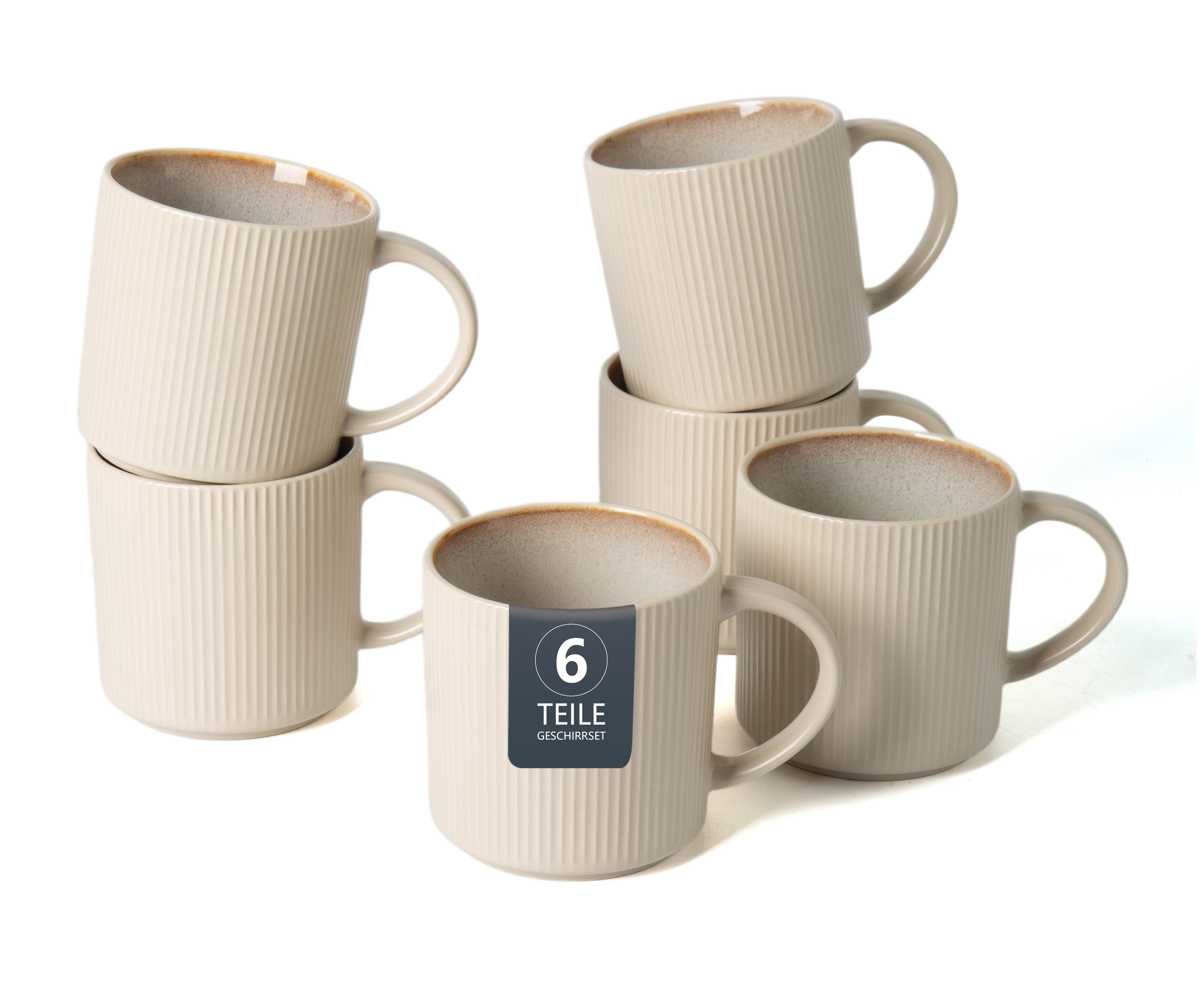 OTTO home Becher Kaffeebecher Ylvii, 6er Set, 6-tlg., Steinzeug, Riffeloptik, spülmaschinenfest und mikrowellengeeignet, 460 ml
