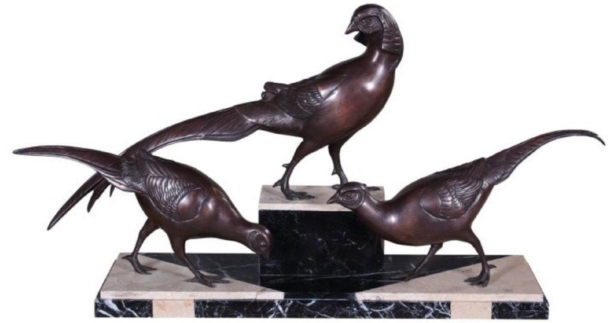 Casa Padrino Dekofigur Luxus Deko Bronzefiguren 3 Fasane Bronze / Schwarz / Weiß 84 x 20 x H. 42 cm - Dekofiguren mit Marmorsockel