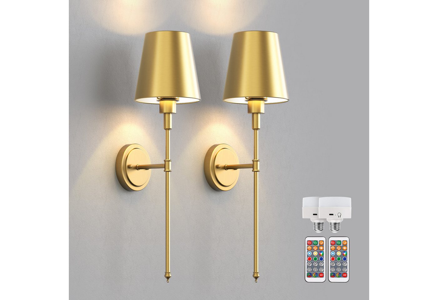 LOHAS-LED Wandleuchte 2er-Set goldene kegelförmige Akku-Wandleuchte, Gesamt 62,48 cm, LED wechselbar, RGBCW, E26 RGBCW dimmbar mit IR-Fernbedienung