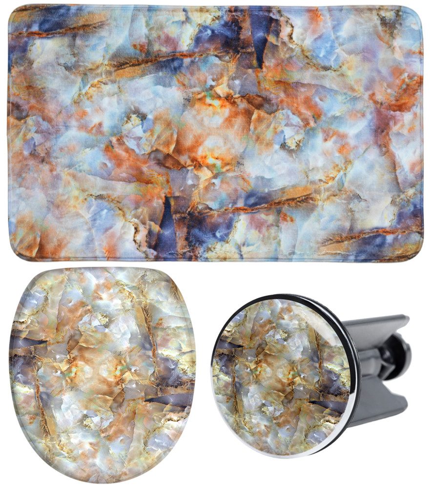 Sanilo Badaccessoire-Set 3-teilig Marmor Braun, WC-Sitz mit Absenkautomatik, Badteppich 70 x 110 cm, Waschbeckenstöpsel, 3 tlg., hochwertig & modern, universell, leichte Montage