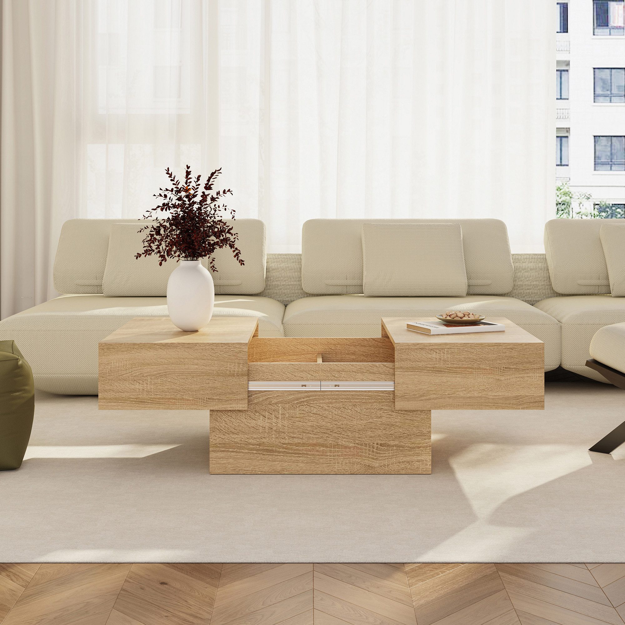 en.casa Couchtisch, ausziehbar »Lens« mit Stauraum 80x60x36 cm Eicheoptik