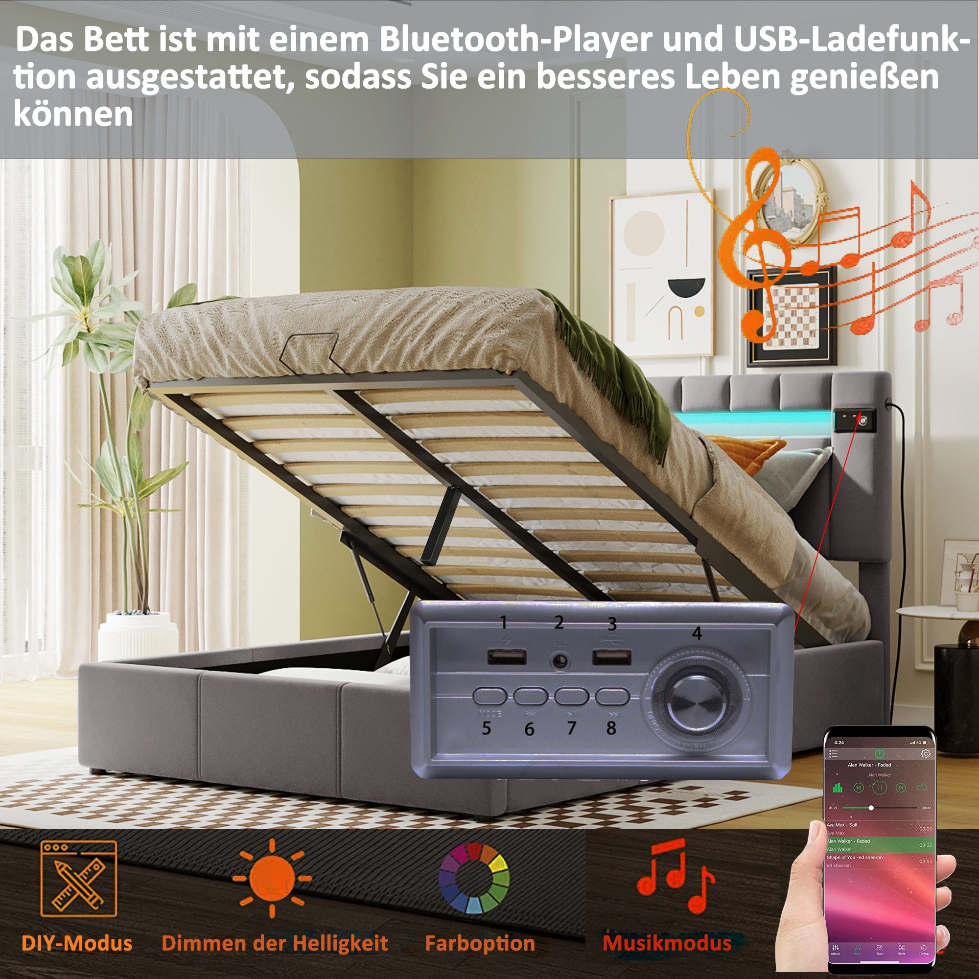 OKWISH 140x200 Jugendbett, mit LED-Lichtleiste und Hubbettstauraum, Bett grau (hydraulischer Polsterbett Bett Ohne Matratze USB-Aufladung), Bluetooth-Player