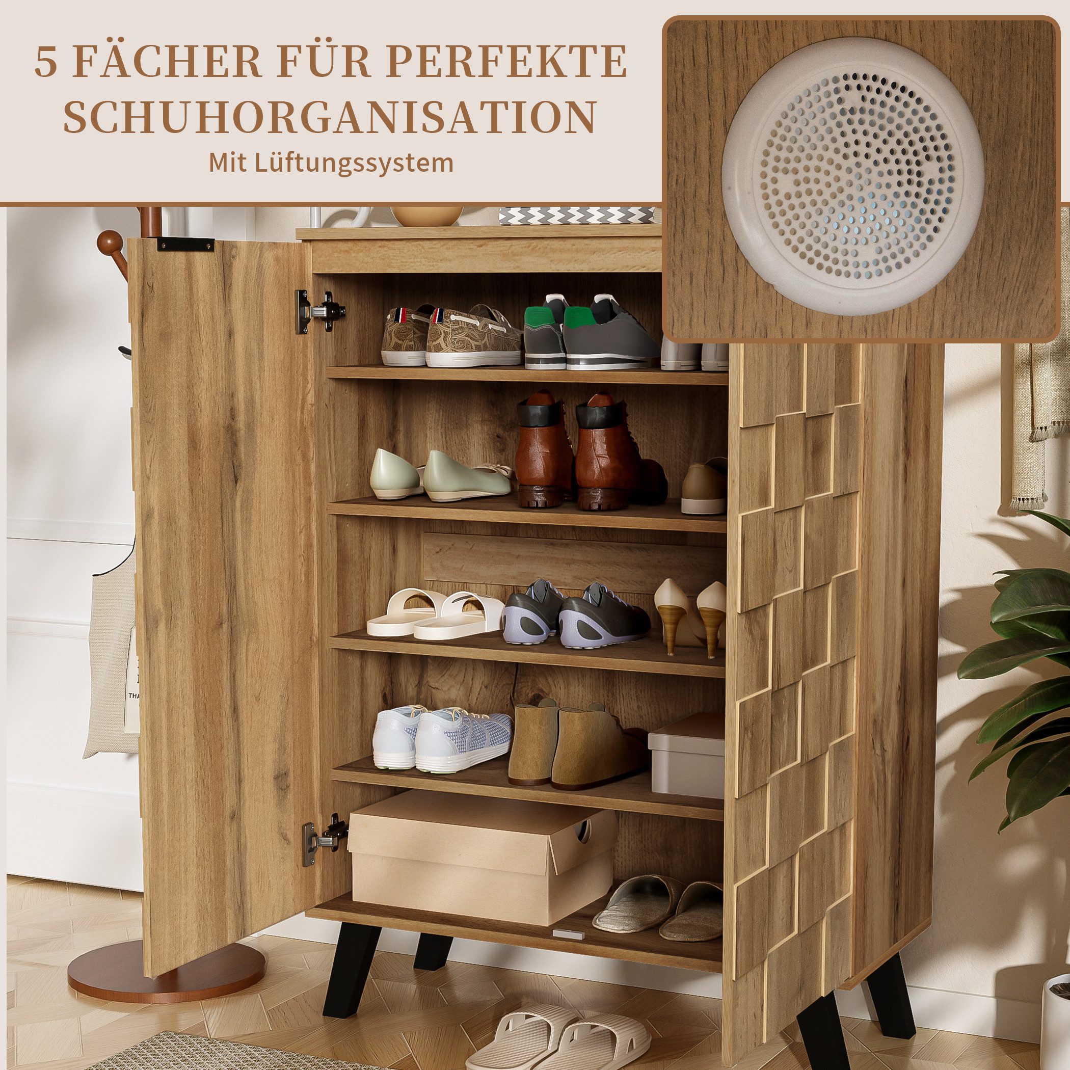 SeedWave Schuhschrank Schuhregal in Holzoptik mit Quadrat-Relief, 5 Geschlossenen Fächer 35cm Tiefe, Verstellbare Einlegeböden – Bild 3 von 5