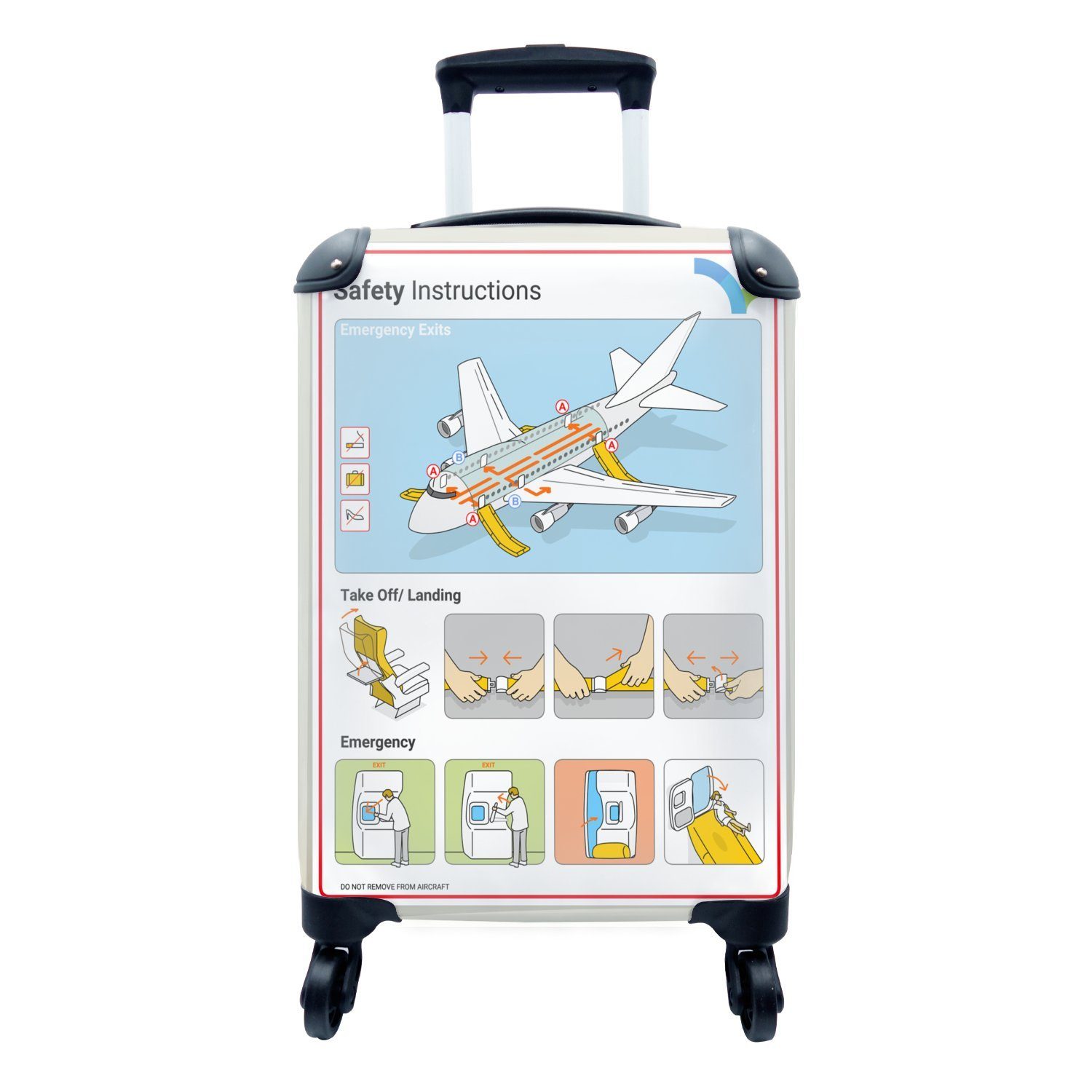 MuchoWow Handgepäckkoffer Illustration einer Sicherheitskarte eines Flugzeugs, 4 Rollen, Reisetasche mit rollen, Handgepäck für Ferien, Trolley, Reisekoffer