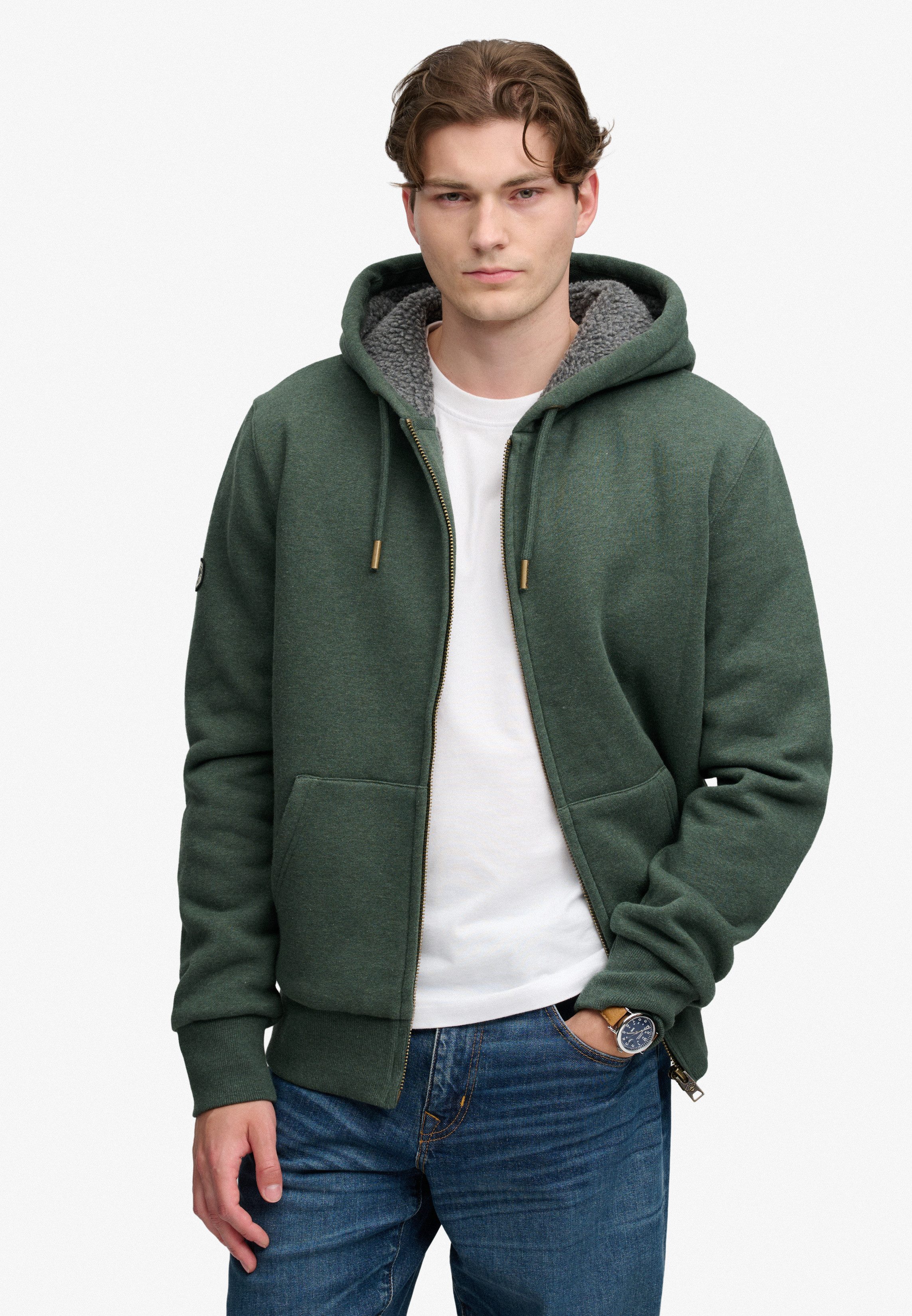 Superdry Kapuzensweatjacke BORG LINED ZIPHOOD Baumwollmischung, slim fit