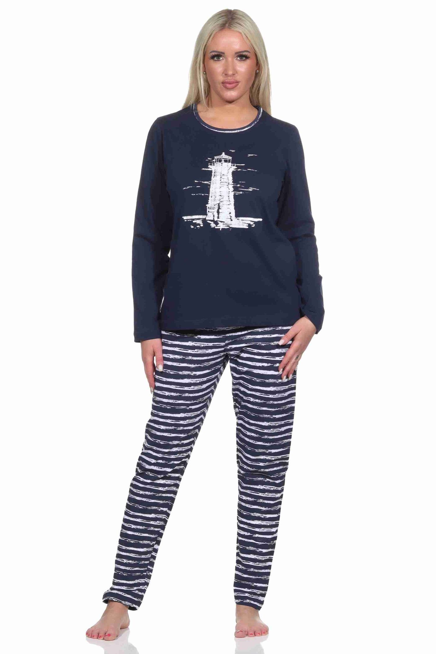 Normann Pyjama Maritim gestreifter Damen langarm Schlafanzug mit Leuchtturm Motiv