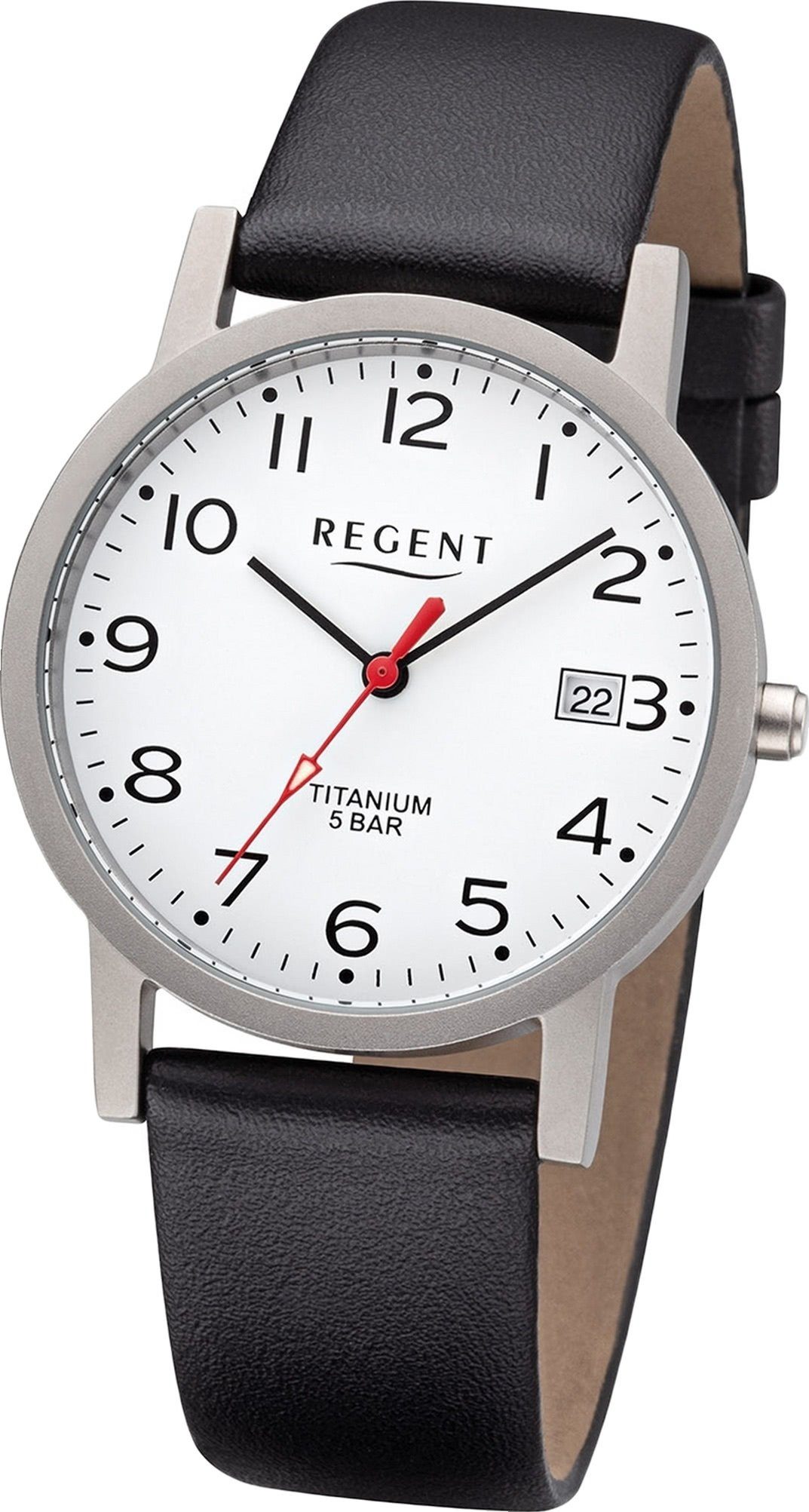 Regent Quarzuhr Regent Leder Herren Uhr F-1225 Analog, Herrenuhr Lederarmband schwarz, rundes Gehäuse, mittel (ca. 34mm)