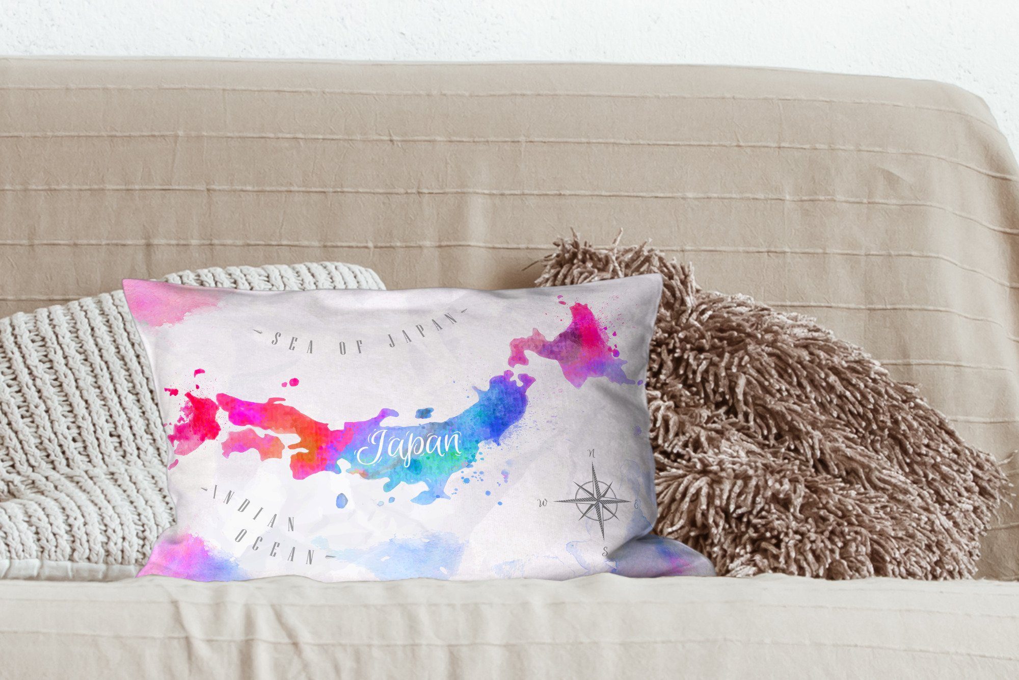 MuchoWow Dekokissen Weltkarte - Dekokissen Dekoration, - Japan, Schlafzimmer Zierkissen, Wohzimmer Farben mit Füllung
