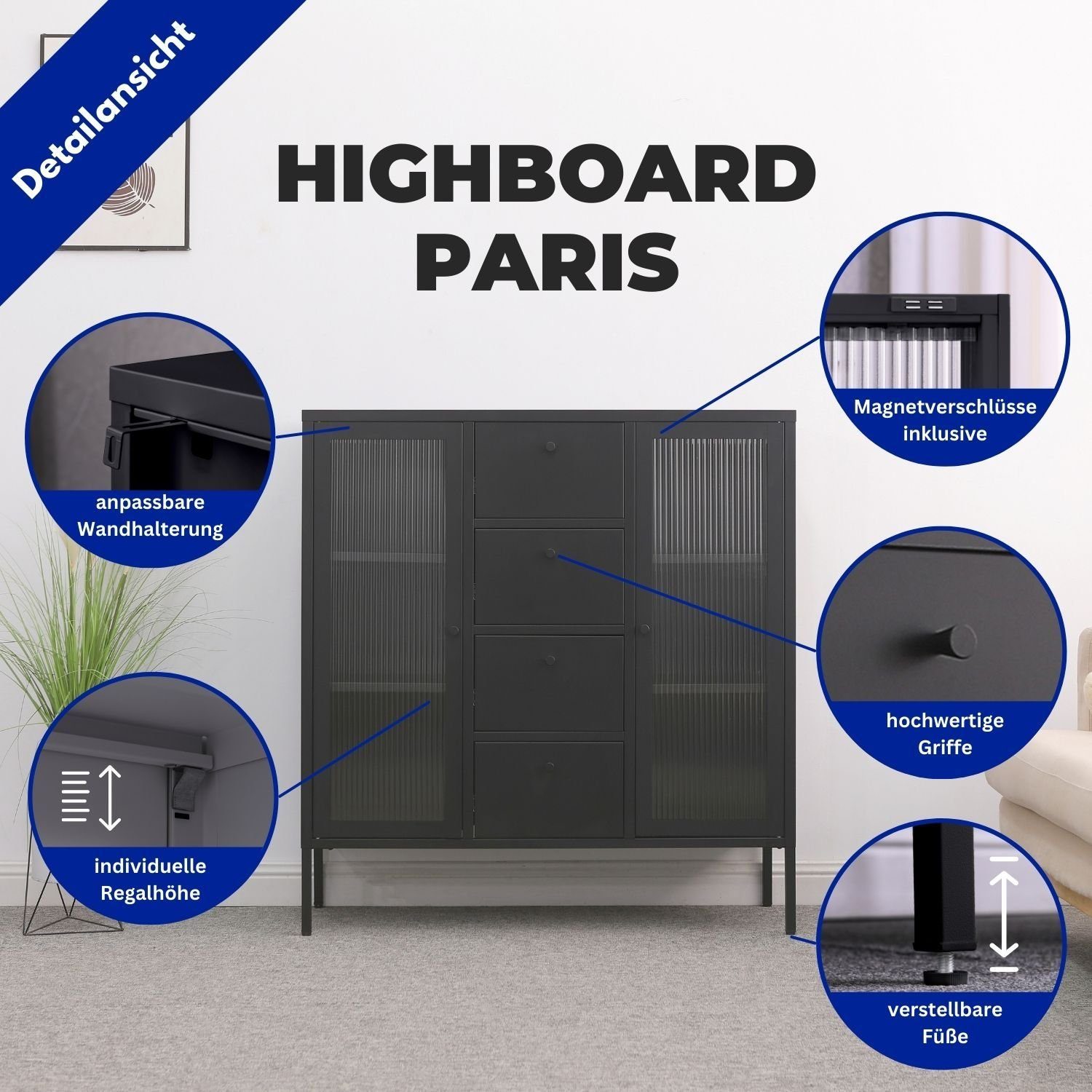 Mein-Regal Highboard PARIS, Schwarz Kommode Metall Glastüren, 4 Schubladen günstig online kaufen