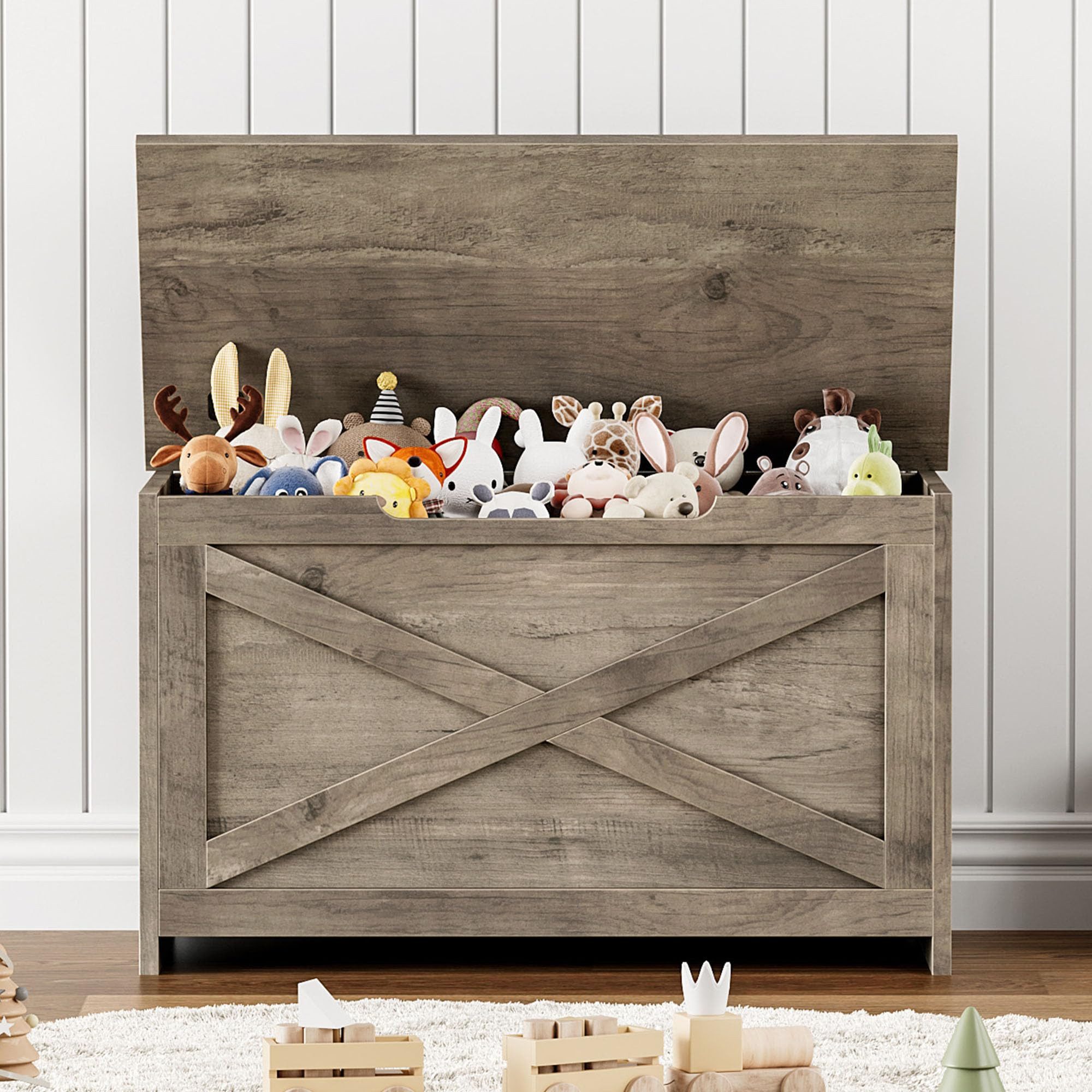 GarveeMore Sitztruhe Aufbewahrungsbox, Sicherheitsscharnier, seitliche Griffe, 75x40x45 cm, 136 kg Traglast, braun/rosa/weiß/grau