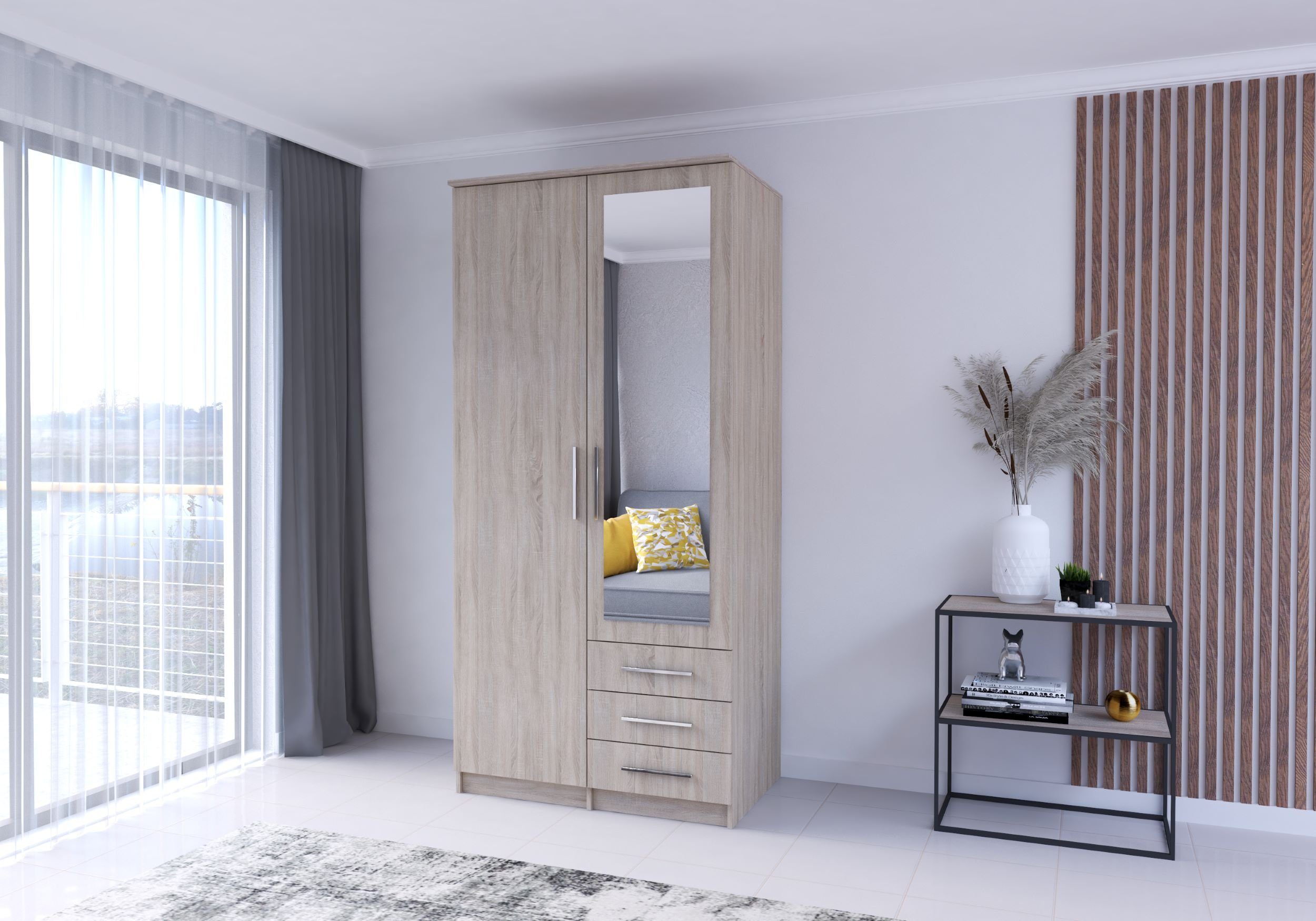 Polini Home Schwebetürenschrank Kleiderschrank 2-türig 3 Spiegel | 100x210x64cm 1 Eiche Schubladen eiche Holzoptik