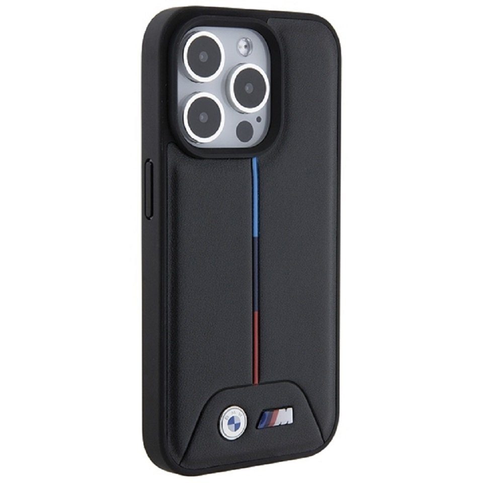 BMW Handyhülle Case iPhone 15 Pro Kunstleder Streifen schwarz rot blau Logo 6,1 Zoll, Kantenschutz
