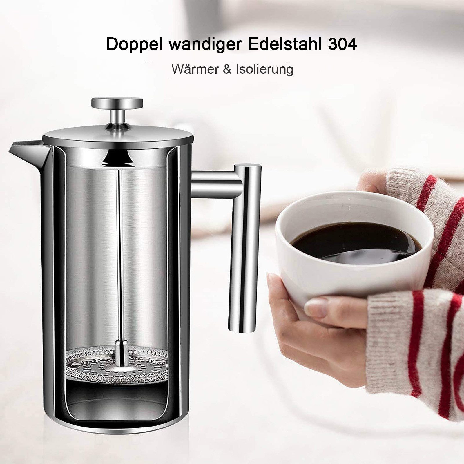 OZAVO Kaffeebereiter Edelstahl Kaffeebereiter doppelwandig mit 5 Edelstahl-Filtern Φ9,5cm, French Press Kanne 1L, Stempelkanne Kaffeepresse für Camping & Büro – Bild 5 von 5