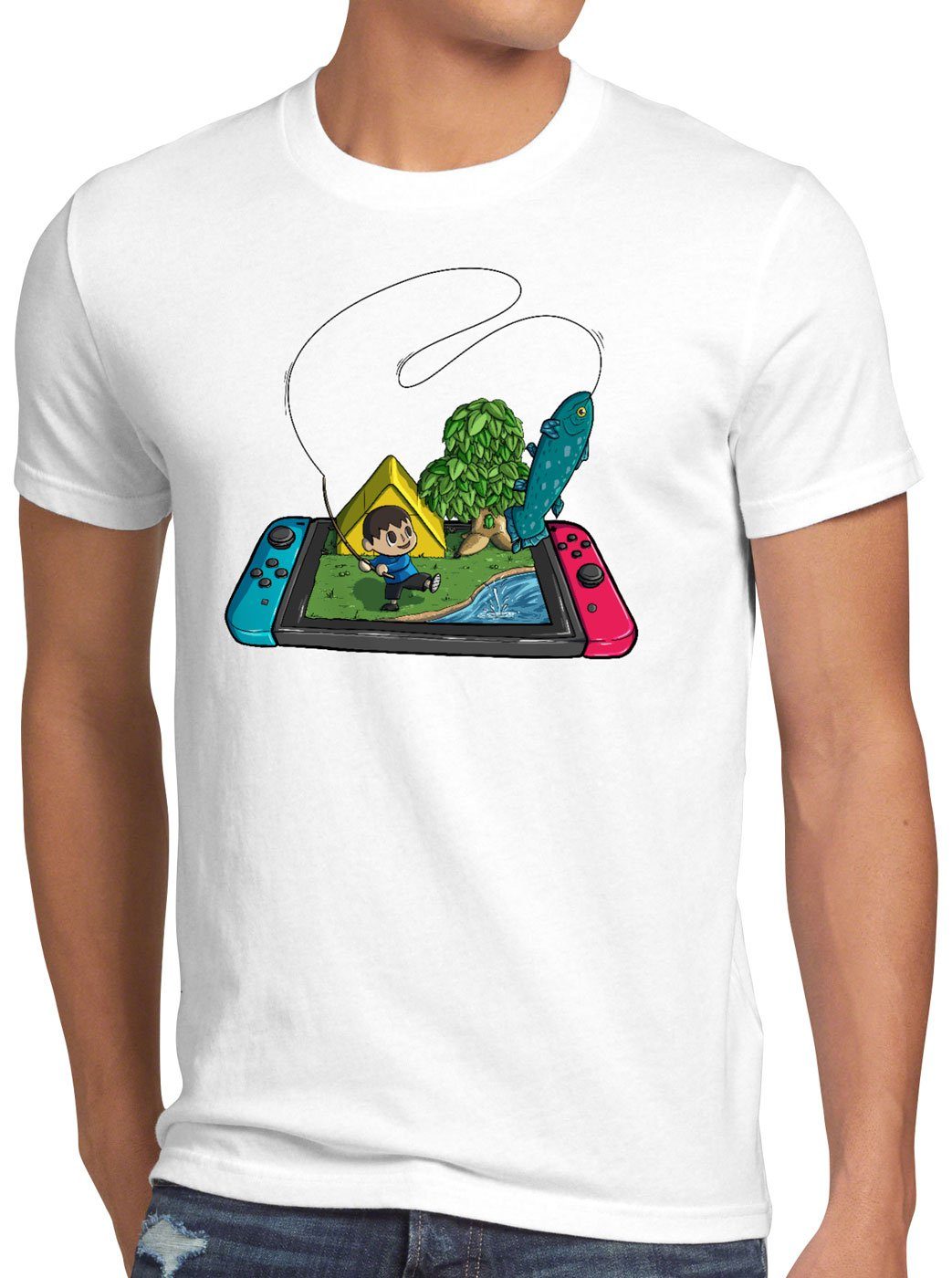 style3 Print-Shirt Herren T-Shirt animal Fisch weiß switch Crossing horizons videospiel