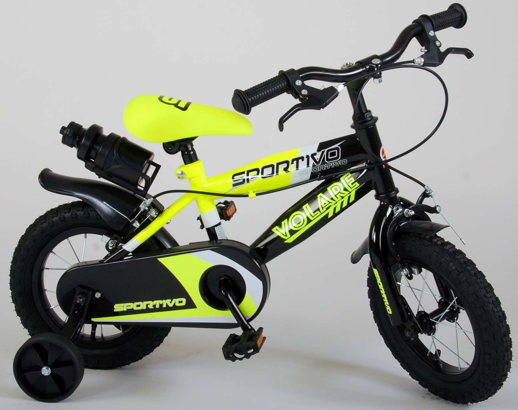 TPFSports Kinderfahrrad Volare Sportivo 12 Zoll mit 2x Handbremse, 1 Gang, (Jungs Fahrrad - Rutschfeste Sicherheitsgriffe), 12 Zoll mit Stützräder und Getränkehalter - Neon Gelb