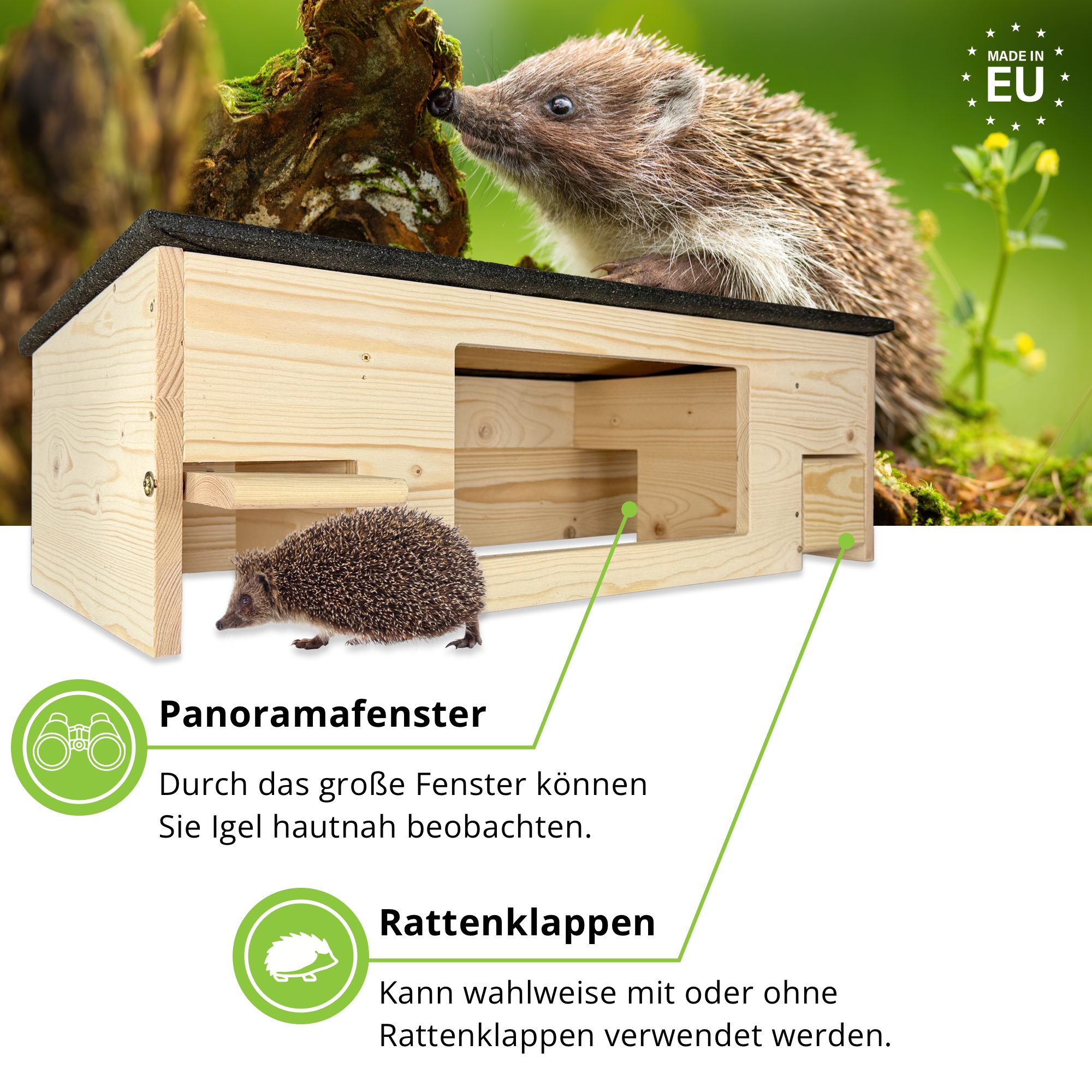 gartenetage Igelhaus Igelfutterhaus XXL mit Panorama-Beobachtungsfenster & Rattenklappen, wetterfestes Igelhaus aus zertifiziertem Holz