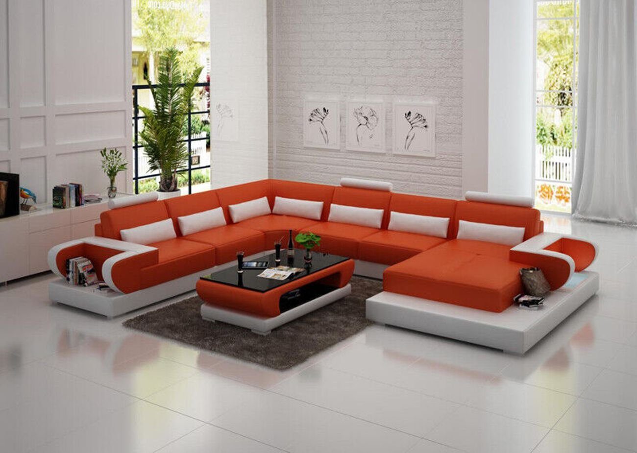 Ecksofa Modern Garnitur Ecksofa Wohnlandschaft Ledersofa mit Sofa Orange USB,Couch JVmoebel