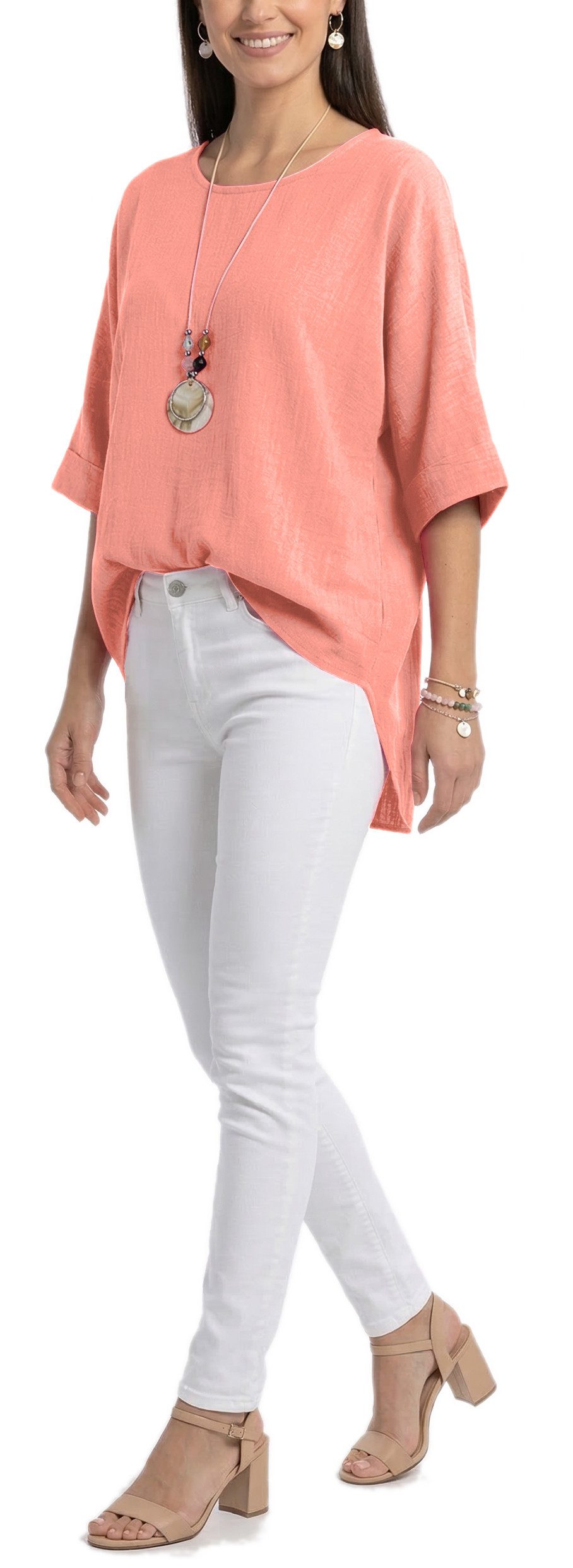 dy_mode Kurzarmbluse Damen Bluse Oversize Tunika Leichte Viskosebluse Oberteil Einfarbig in Unifarbe, High-Low Saum, mit passende Kette