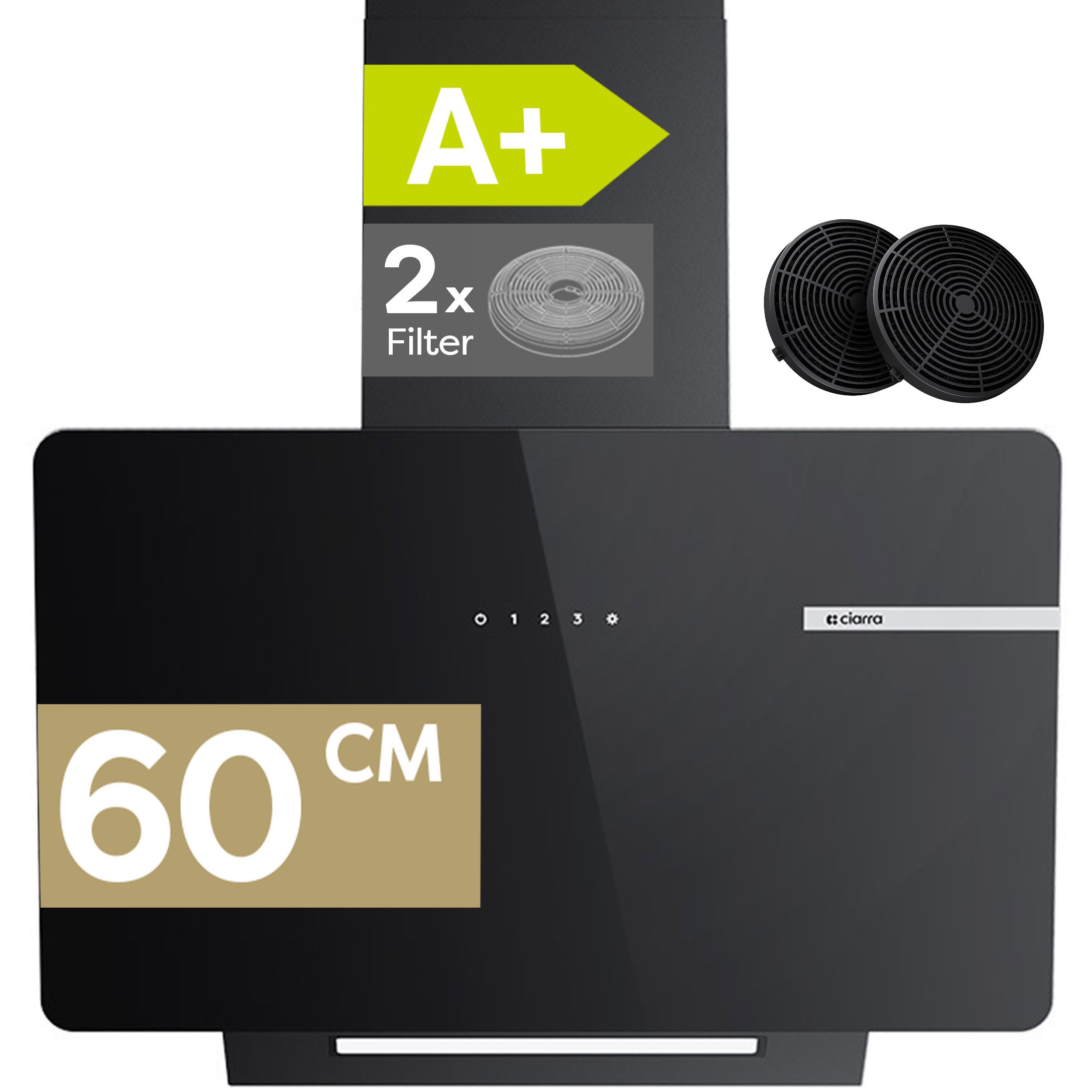 CIARRA Kopffreihaube 60 cm Dunstabzugshaube A+ 580 m³/h SensorTouch LED VMB6765B 60 cm Dunstabzugshaube A+ 580 m³/h SensorTouch LED VMB6765B, Leise Schräghaube 3 Stufen Umluft & Abluft mit 2 Kohlefilter Schwarz