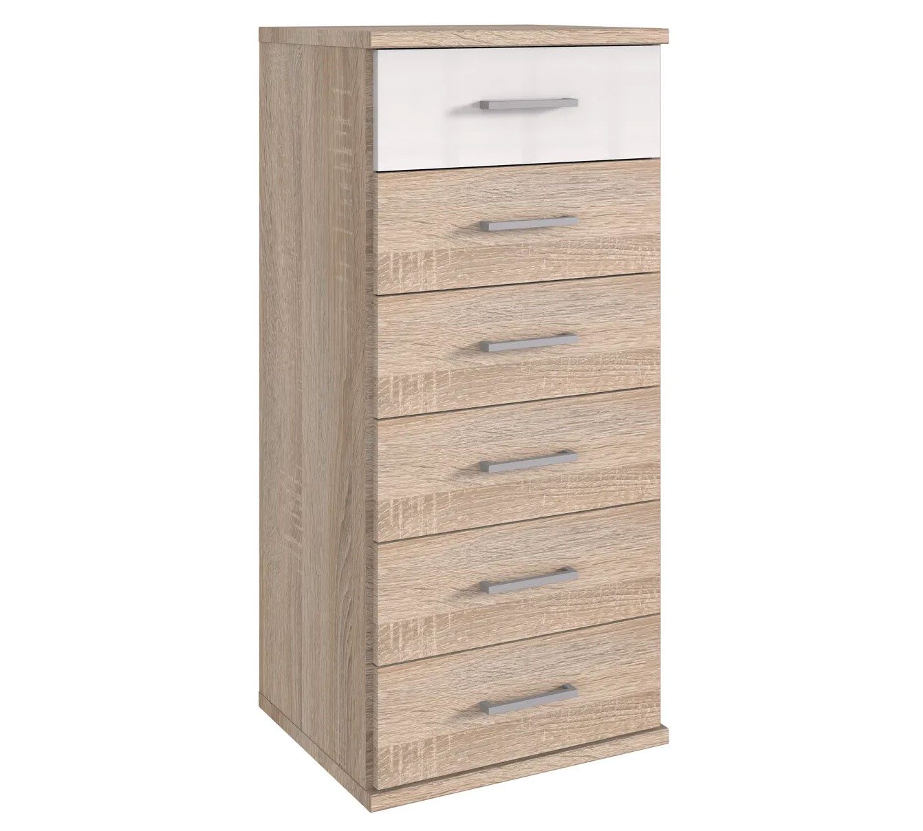 Wimex Schubkastenkommode Greven (6 Schubladen, 1 St., moderne Holzoptik, alufarbene Griffstücke), 46x40x103cm Eiche Sägerau / weiß Hochglanz