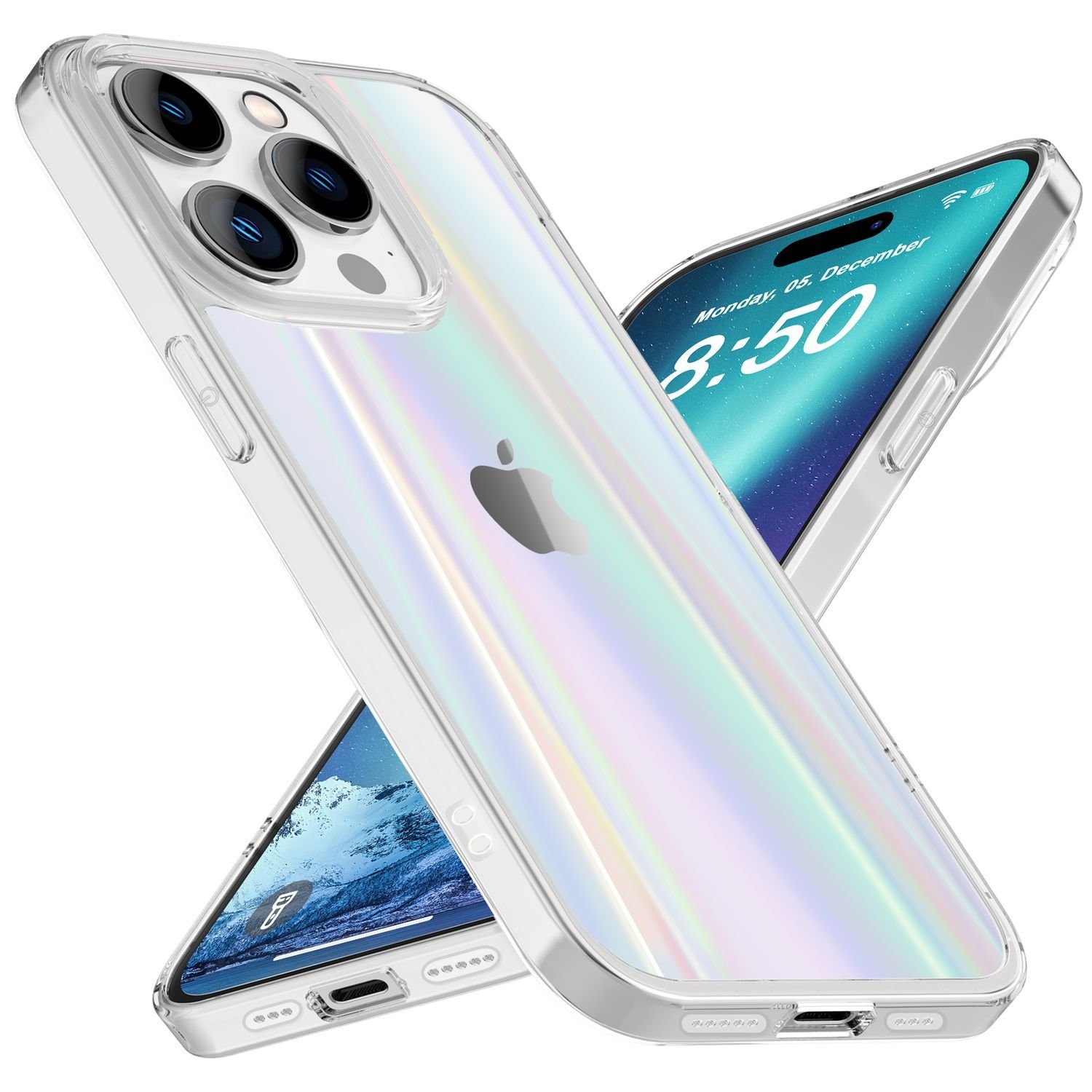 Nalia Smartphone-Hülle Apple iPhone 14 Pro Max, Klare Hartglas Hülle /  Regenbogen Effekt / Bunt Glänzend / Kratzfest