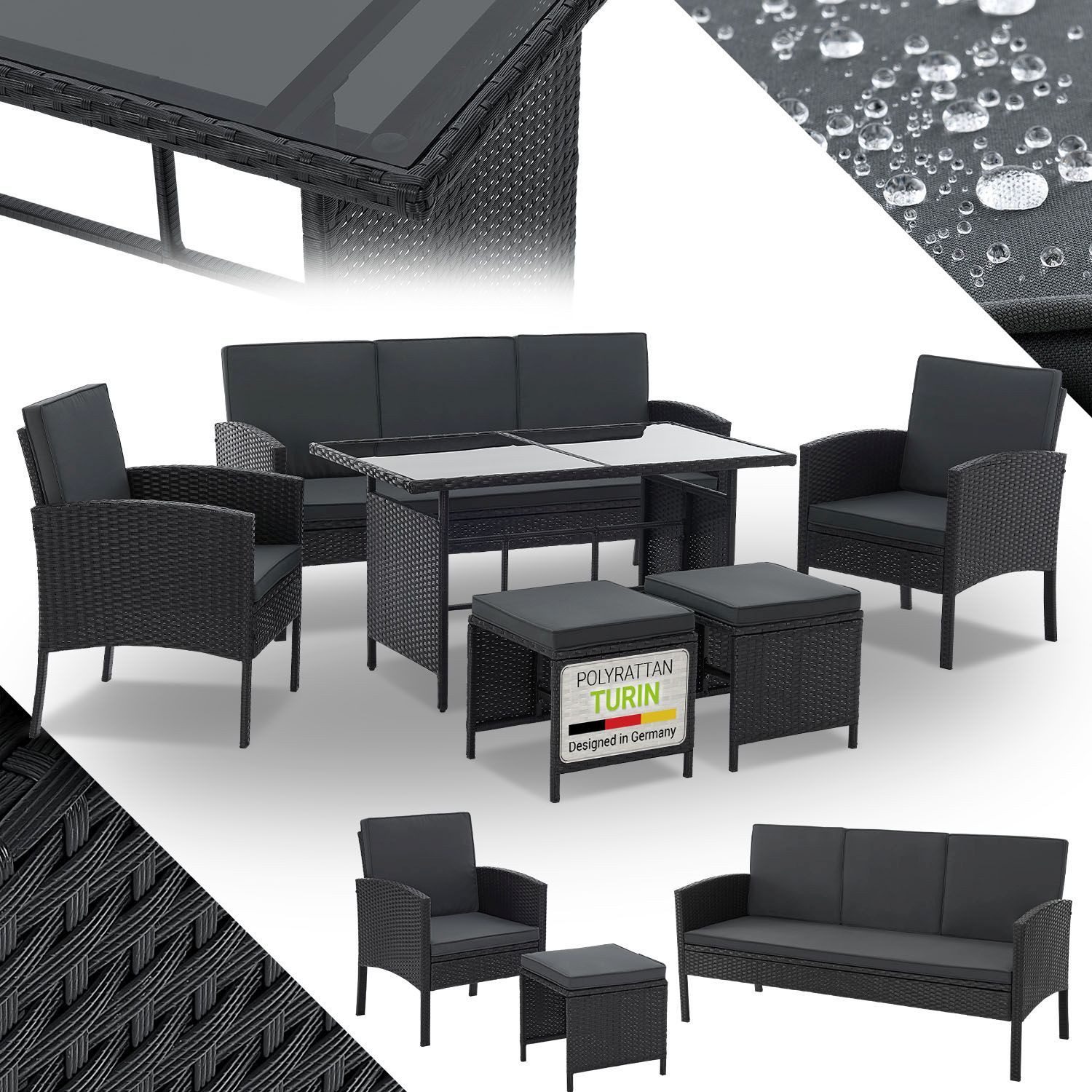 Juskys Gartenlounge-Set Turin, (6-tlg), Polyrattan Sitzgruppe für 7 Personen, Gartenmöbel Set 6-teilig