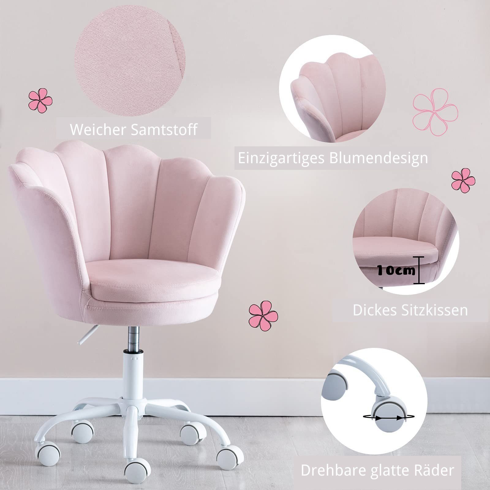WAHSON OFFICE CHAIRS Loungesessel Kinder-Drehstuhl aus Samt/Kunstfell im Blütenblatt-Design