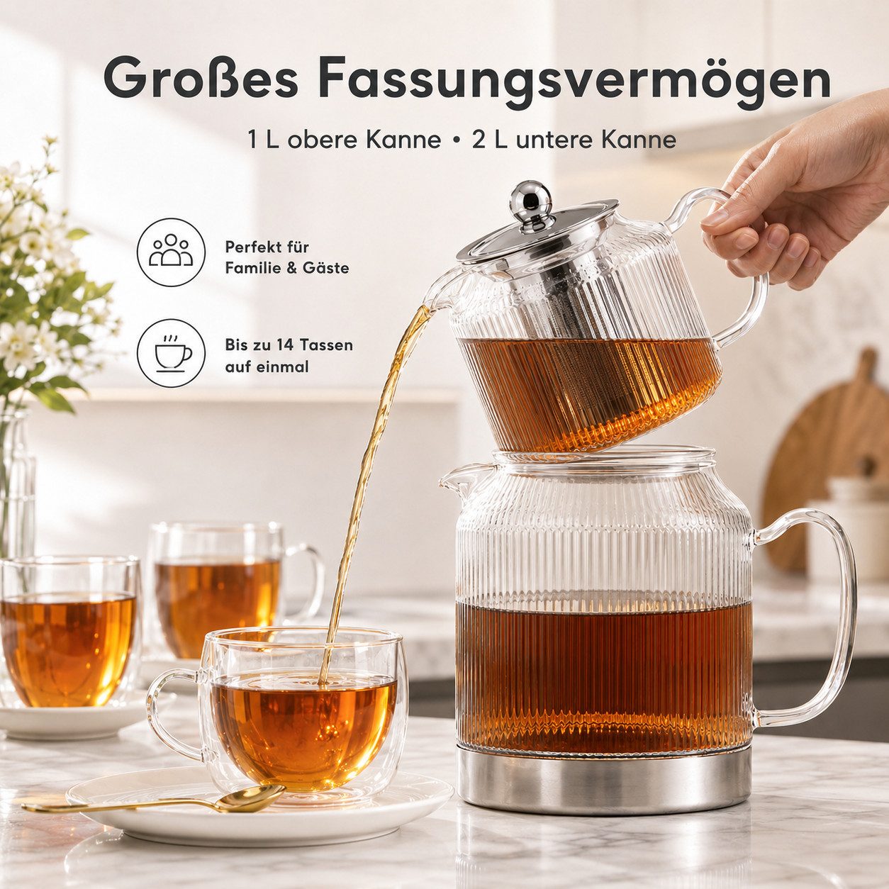 Ertex Caydanlik-Teekanne Teekanne Caydanlik Borosilikat Glas-Teekannen-Set, 3L/2,5L Induktion – Bild 4 von 5