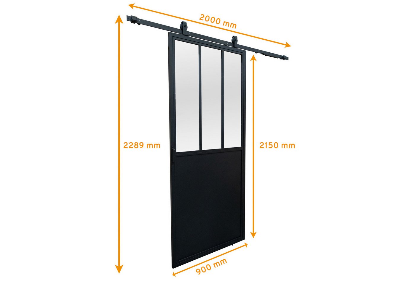 Thumbnail - inova wohnen Glasschiebetür Stahltür Schwarz mit Milchglas Einsatz 90 x 215 cm (Komplett Set, inkl. offener Laufschiene ...